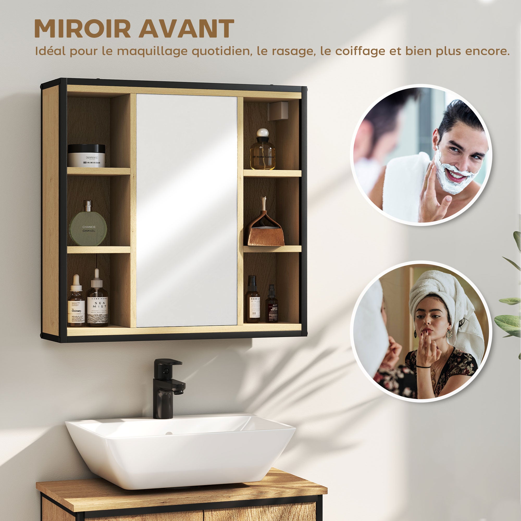 Armoire murale salle de bain avec miroir, 52 x 24,5 cm, meuble salle de bain, armoire de toilette avec 6 compartiments ouverts et étagère réglable, chêne