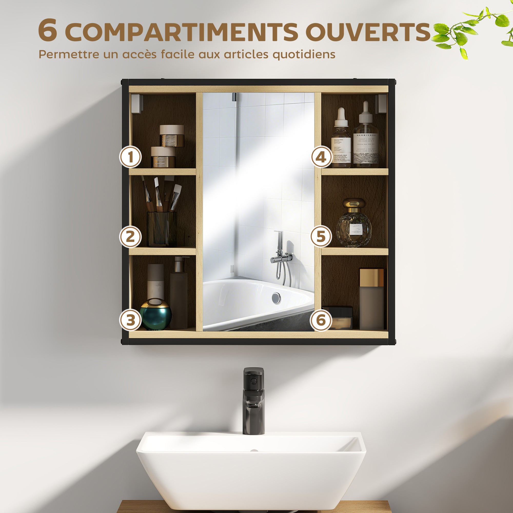 Armoire murale salle de bain avec miroir, 52 x 24,5 cm, meuble salle de bain, armoire de toilette avec 6 compartiments ouverts et étagère réglable, chêne