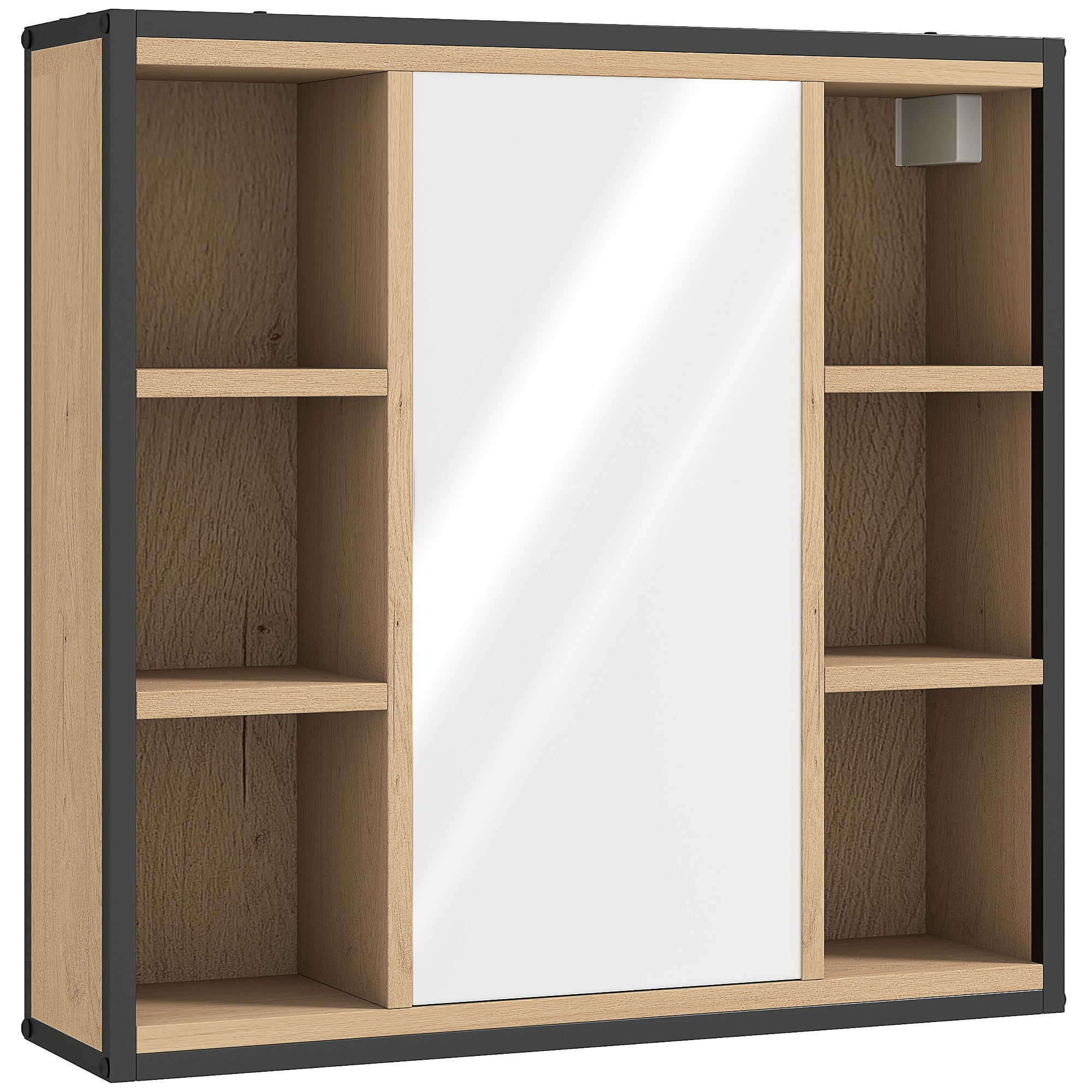 Armoire murale salle de bain avec miroir, 52 x 24,5 cm, meuble salle de bain, armoire de toilette avec 6 compartiments ouverts et étagère réglable, chêne