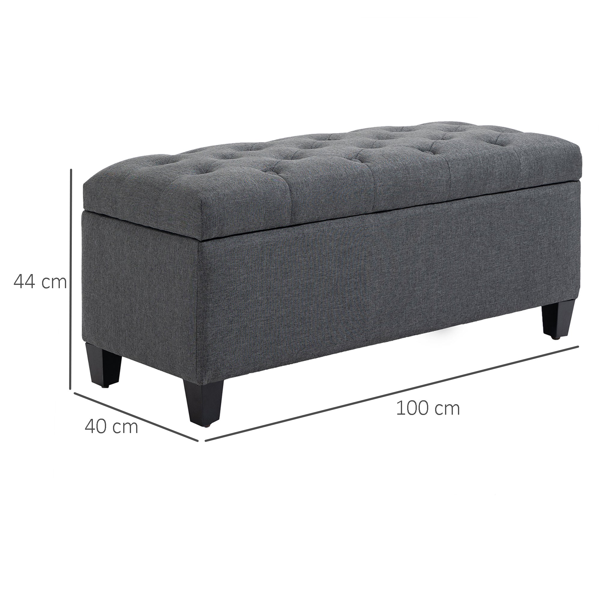 Banc de rangement pouf salon bout de lit capitonné coffre de rangement repose-pieds pour salon, chambre, entrée, 100 x 40 x 44 cm, gris foncé