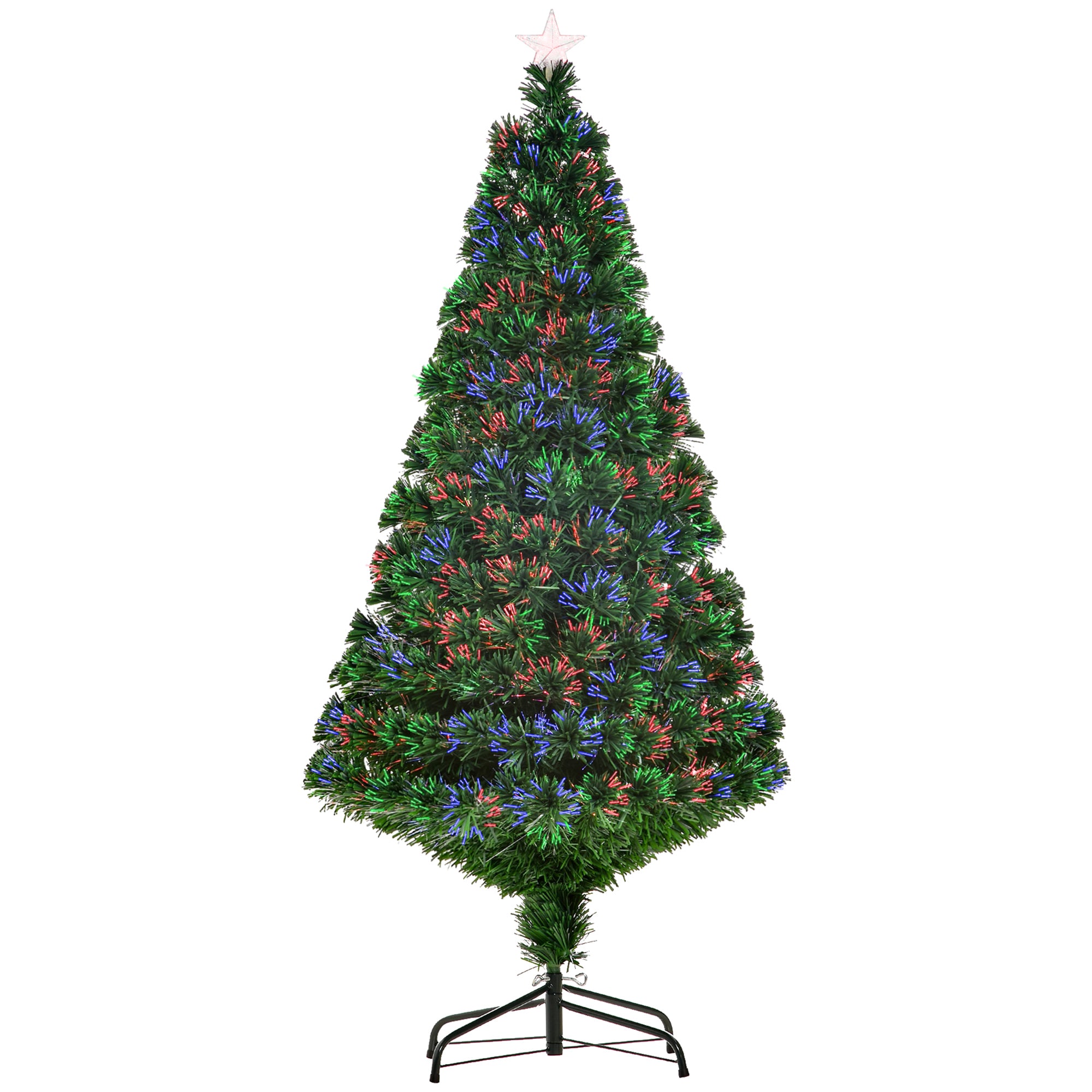 Sapin de Noël Artificiel Lumineux 150H cm Fibre Optique Multicolore + Support Pied 180 Branches étoile Sommet Brillante Vert