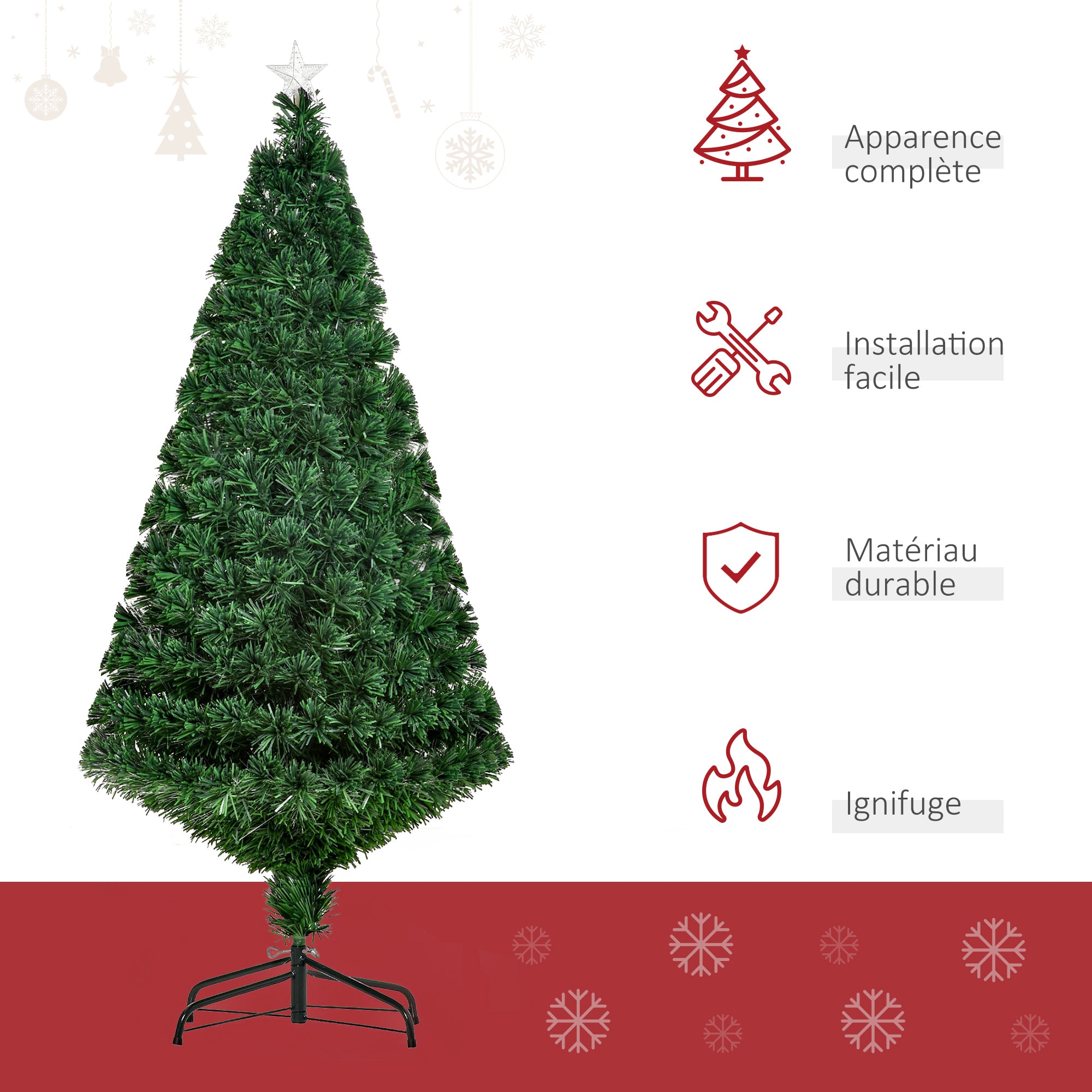 Sapin de Noël Artificiel Lumineux 150H cm Fibre Optique Multicolore + Support Pied 180 Branches étoile Sommet Brillante Vert