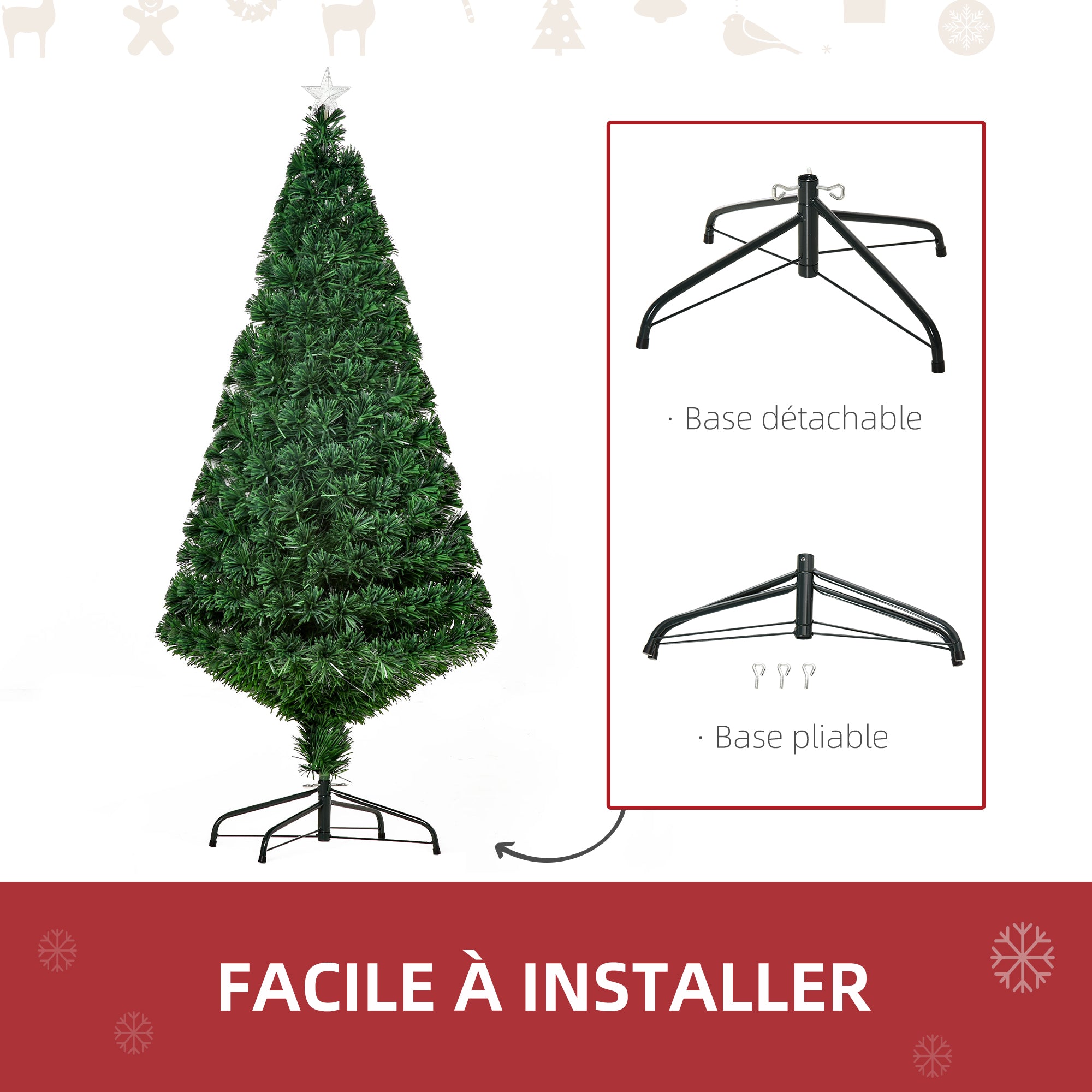 Sapin de Noël Artificiel Lumineux 150H cm Fibre Optique Multicolore + Support Pied 180 Branches étoile Sommet Brillante Vert