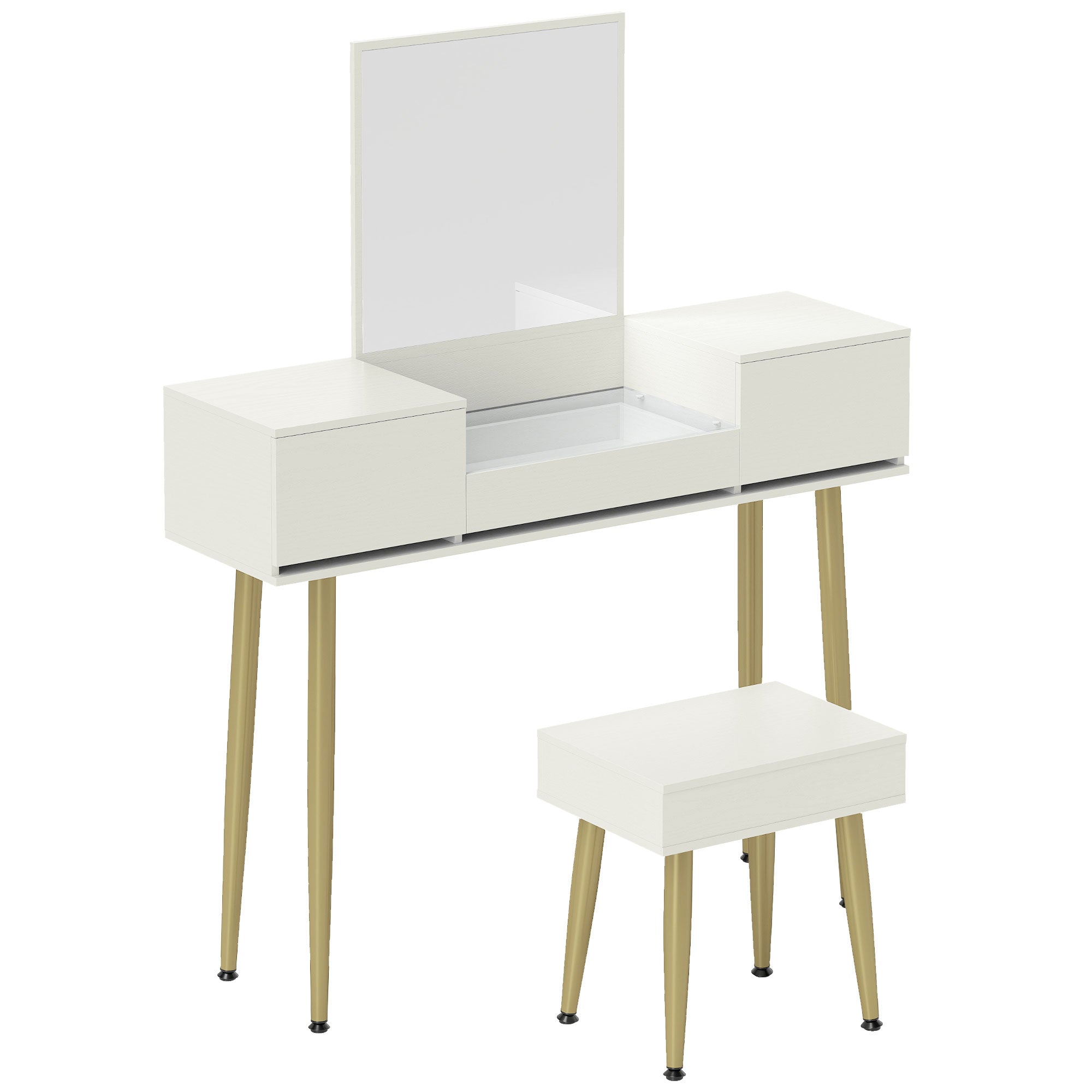 Coiffeuse avec miroir et tabouret, table de maquillage avec 3 tiroirs et pieds en métal, plateau en verre trempé, bureau coiffeuse pour chambre à coucher, blanc