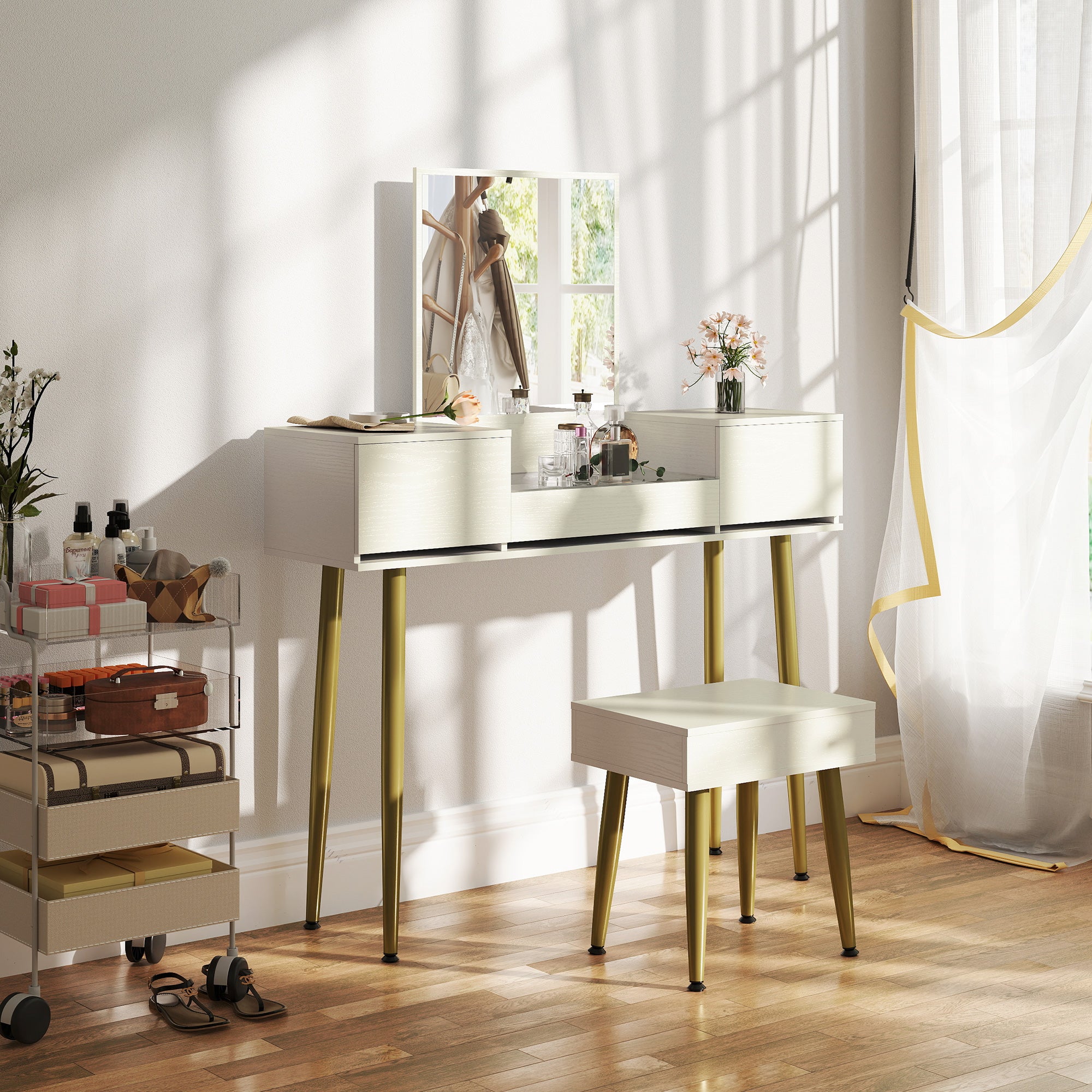 Coiffeuse avec miroir et tabouret, table de maquillage avec 3 tiroirs et pieds en métal, plateau en verre trempé, bureau coiffeuse pour chambre à coucher, blanc