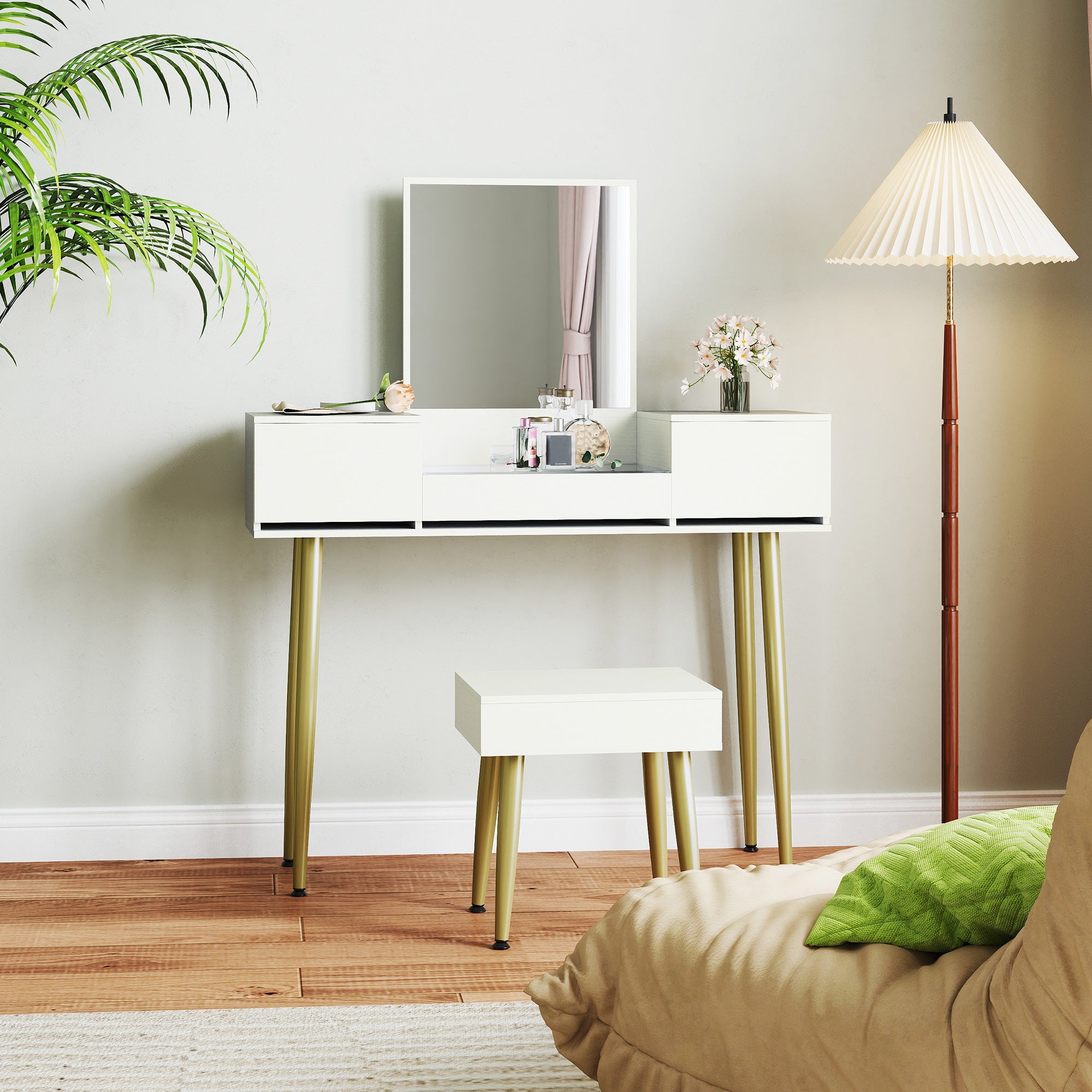 Coiffeuse avec miroir et tabouret, table de maquillage avec 3 tiroirs et pieds en métal, plateau en verre trempé, bureau coiffeuse pour chambre à coucher, blanc