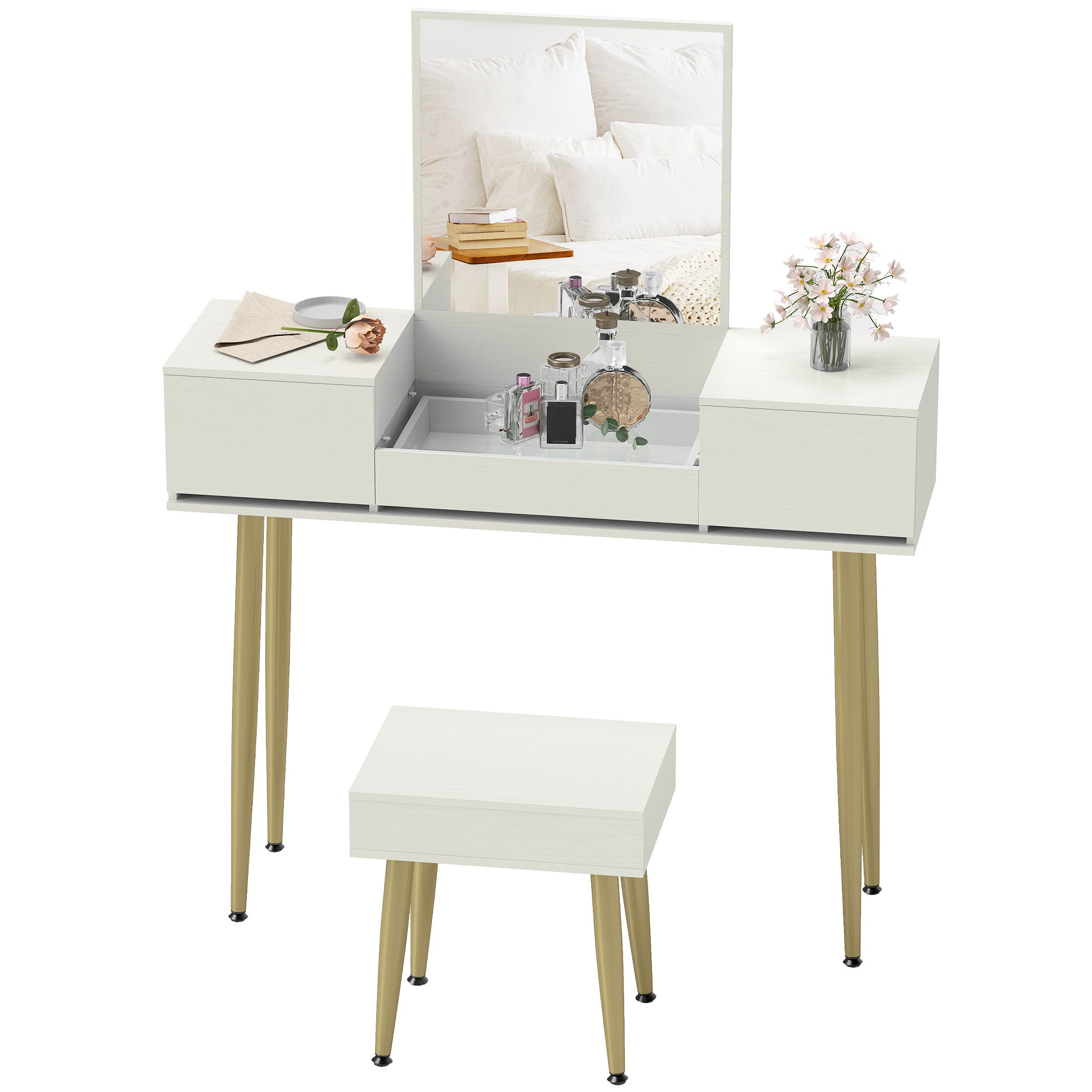 Coiffeuse avec miroir et tabouret, table de maquillage avec 3 tiroirs et pieds en métal, plateau en verre trempé, bureau coiffeuse pour chambre à coucher, blanc