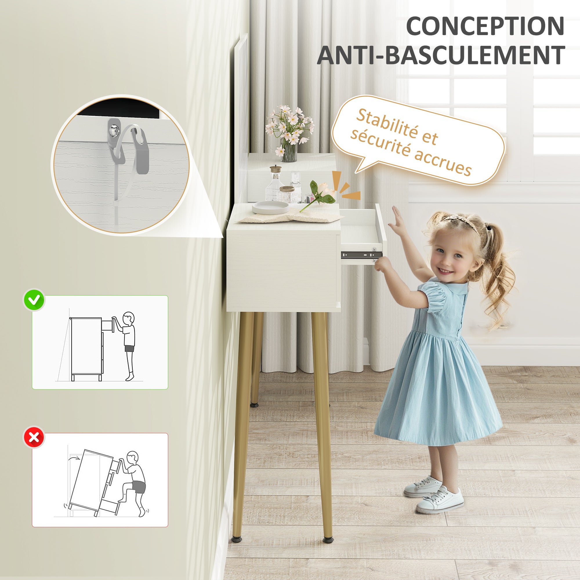 Coiffeuse avec miroir et tabouret, table de maquillage avec 3 tiroirs et pieds en métal, plateau en verre trempé, bureau coiffeuse pour chambre à coucher, blanc