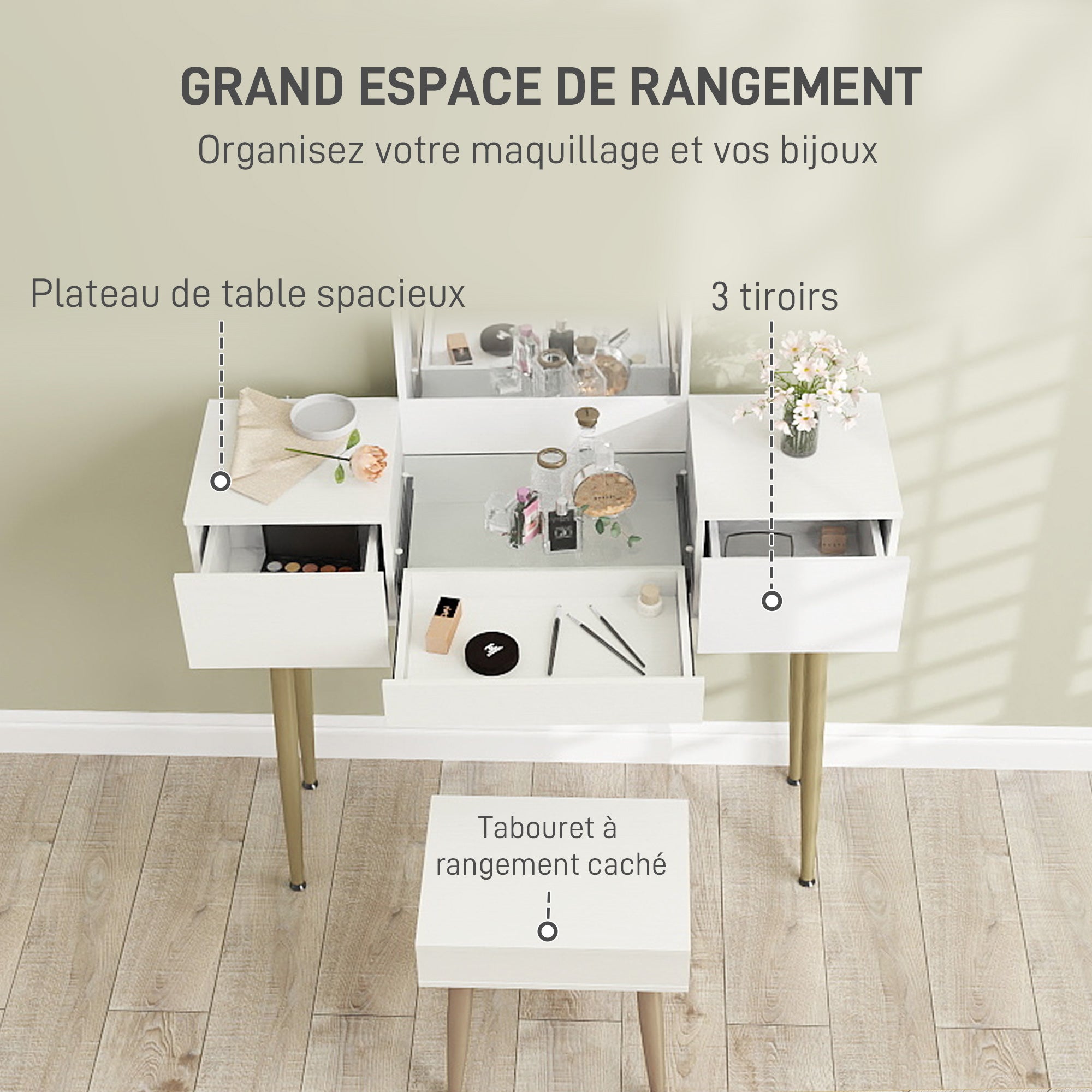 Coiffeuse avec miroir et tabouret, table de maquillage avec 3 tiroirs et pieds en métal, plateau en verre trempé, bureau coiffeuse pour chambre à coucher, blanc