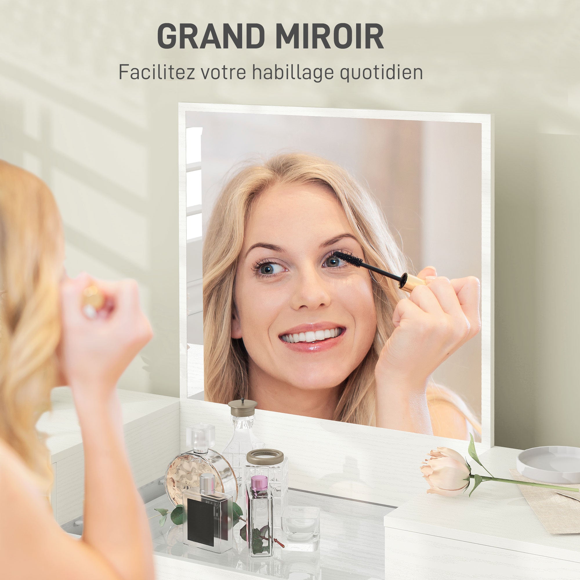 Coiffeuse avec miroir et tabouret, table de maquillage avec 3 tiroirs et pieds en métal, plateau en verre trempé, bureau coiffeuse pour chambre à coucher, blanc