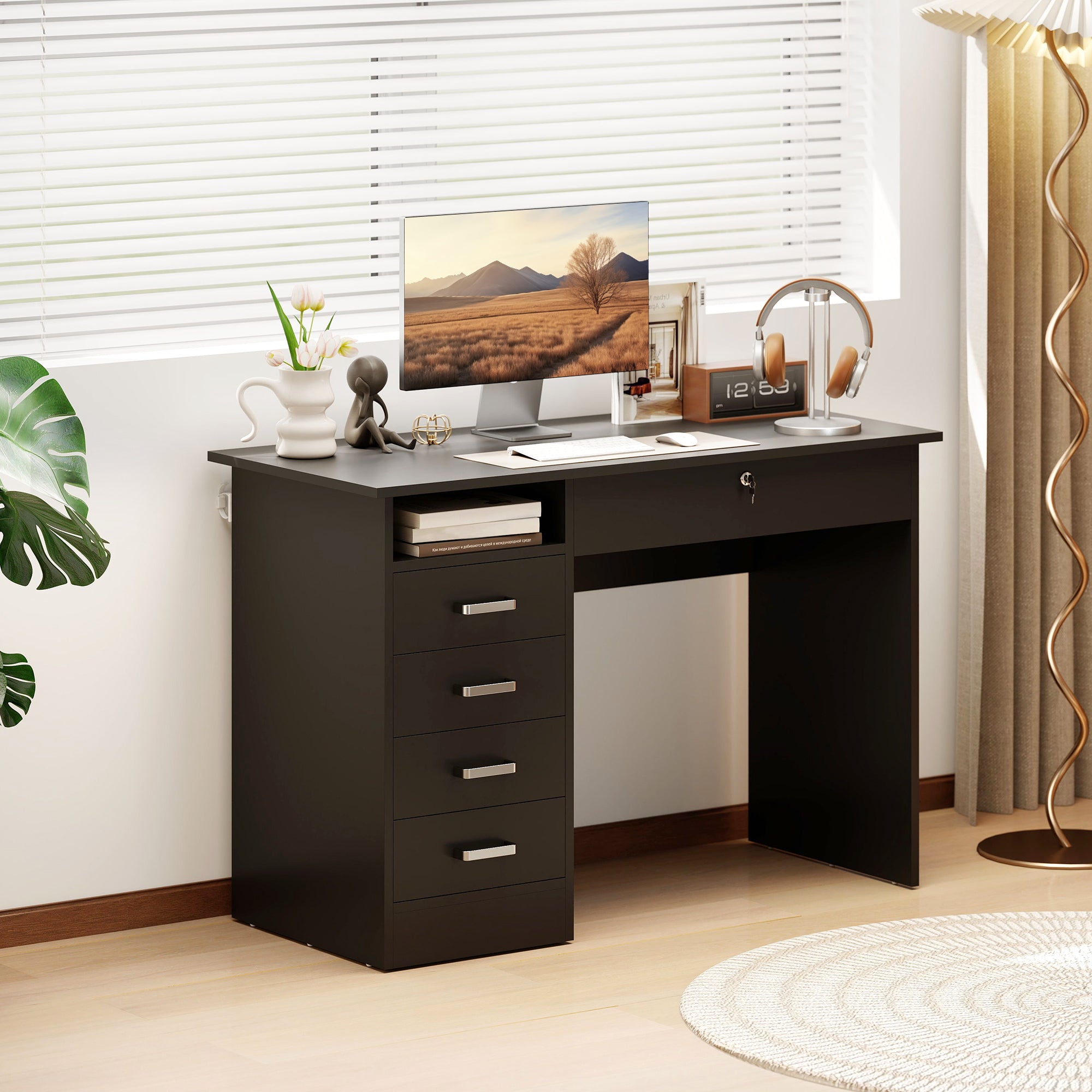 Bureau informatique table d'ordinateur avec grand plateau, 5 tiroirs, 1 compartiment ouvert, tiroir verrouillable, moderne 110 x 50 x 76 cm, noir