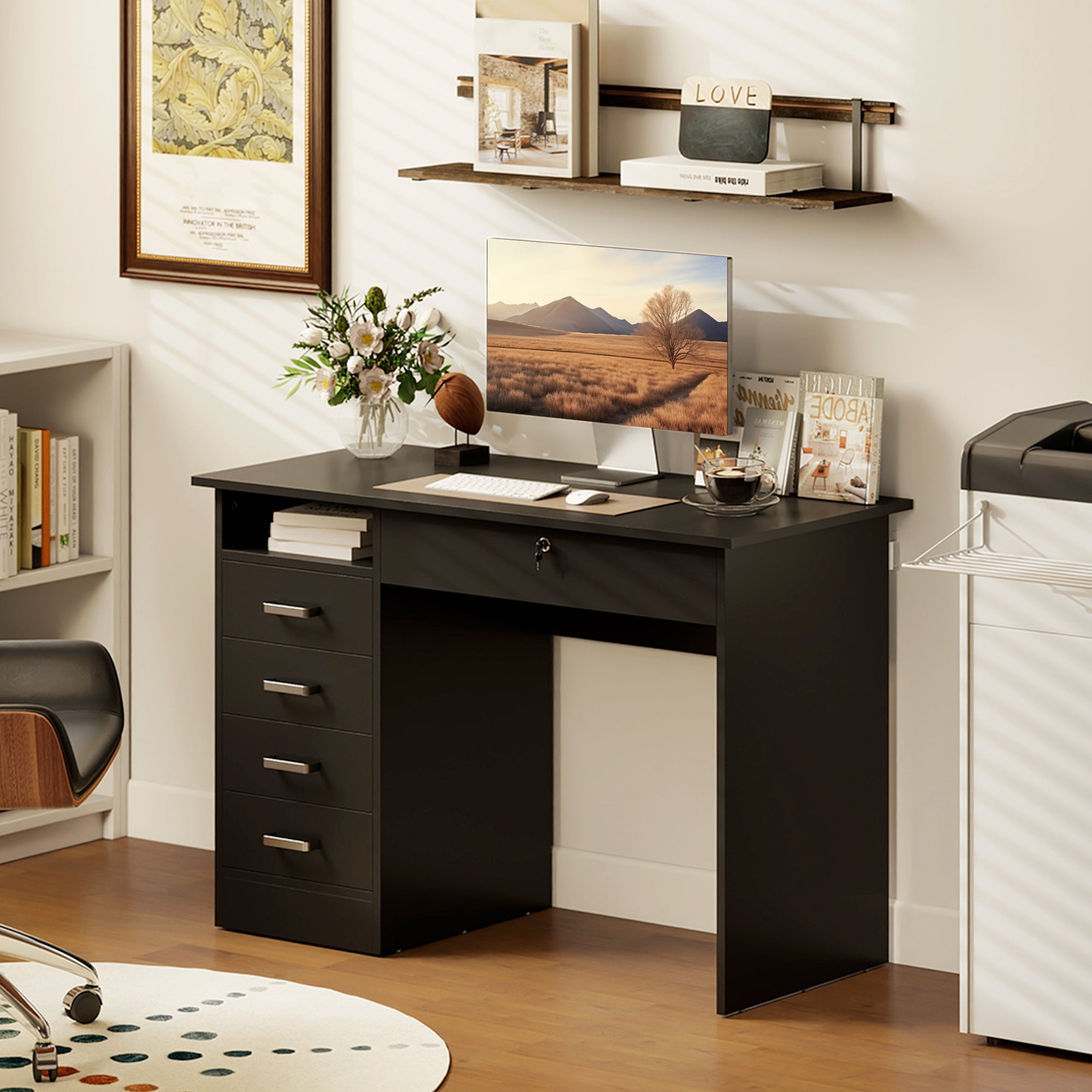 Bureau informatique table d'ordinateur avec grand plateau, 5 tiroirs, 1 compartiment ouvert, tiroir verrouillable, moderne 110 x 50 x 76 cm, noir