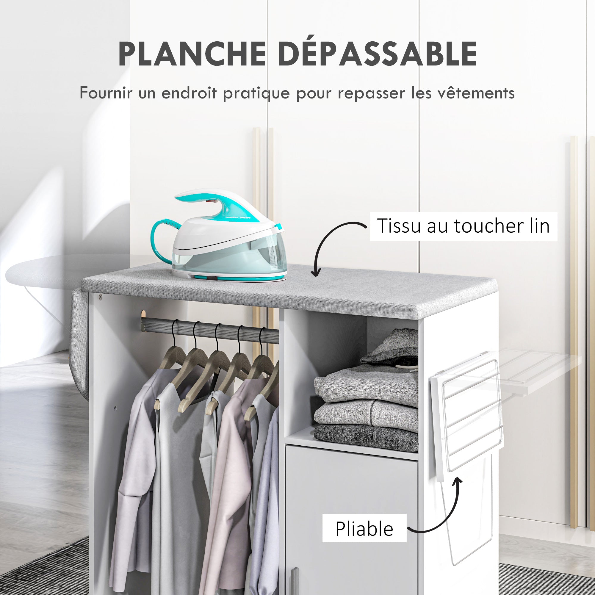 Meuble à repasser sur roulettes, table à repasser pliante, placard à porte, étagère réglable, barre de suspension, compartiment ouvert et support latéral, 127 x 42,5 x 99 cm, blanc