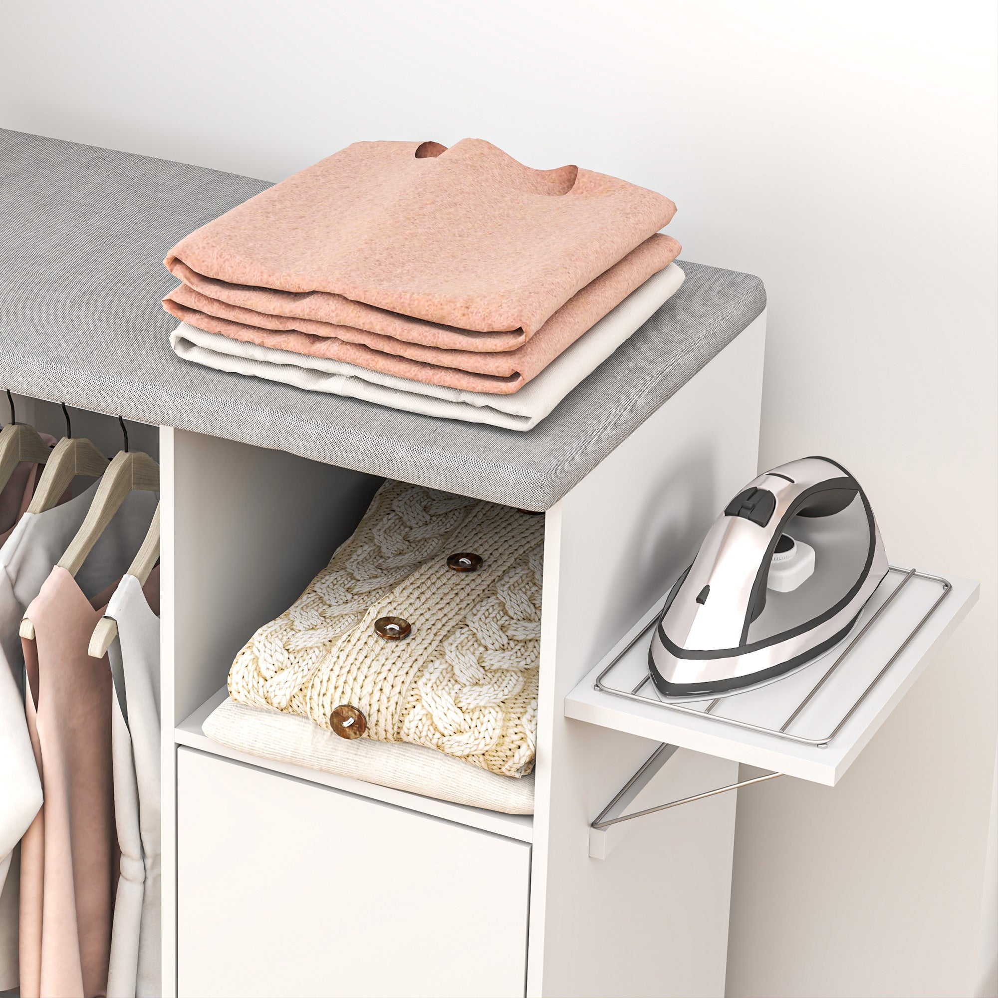 Meuble à repasser sur roulettes, table à repasser pliante, placard à porte, étagère réglable, barre de suspension, compartiment ouvert et support latéral, 127 x 42,5 x 99 cm, blanc