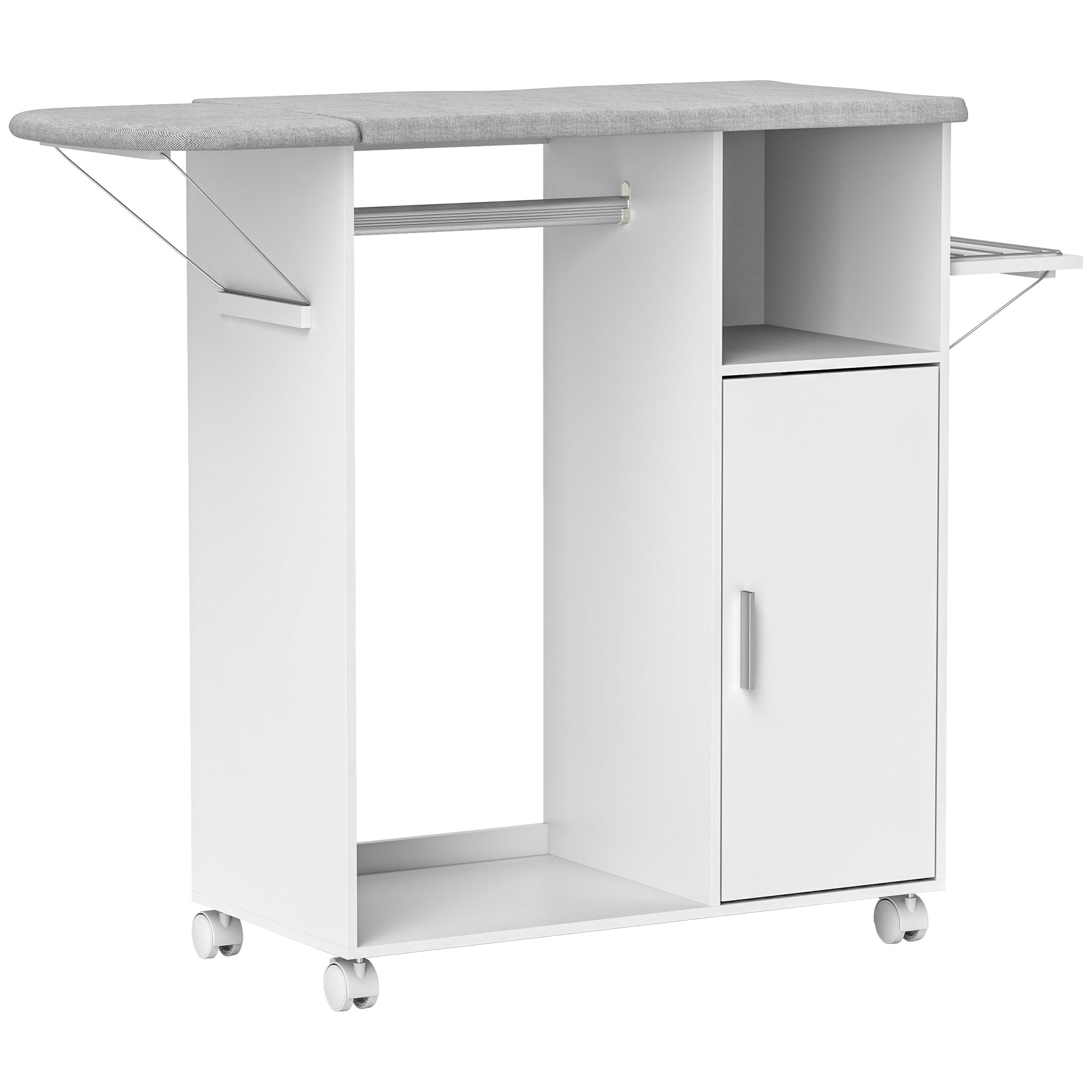 Meuble à repasser sur roulettes, table à repasser pliante, placard à porte, étagère réglable, barre de suspension, compartiment ouvert et support latéral, 127 x 42,5 x 99 cm, blanc