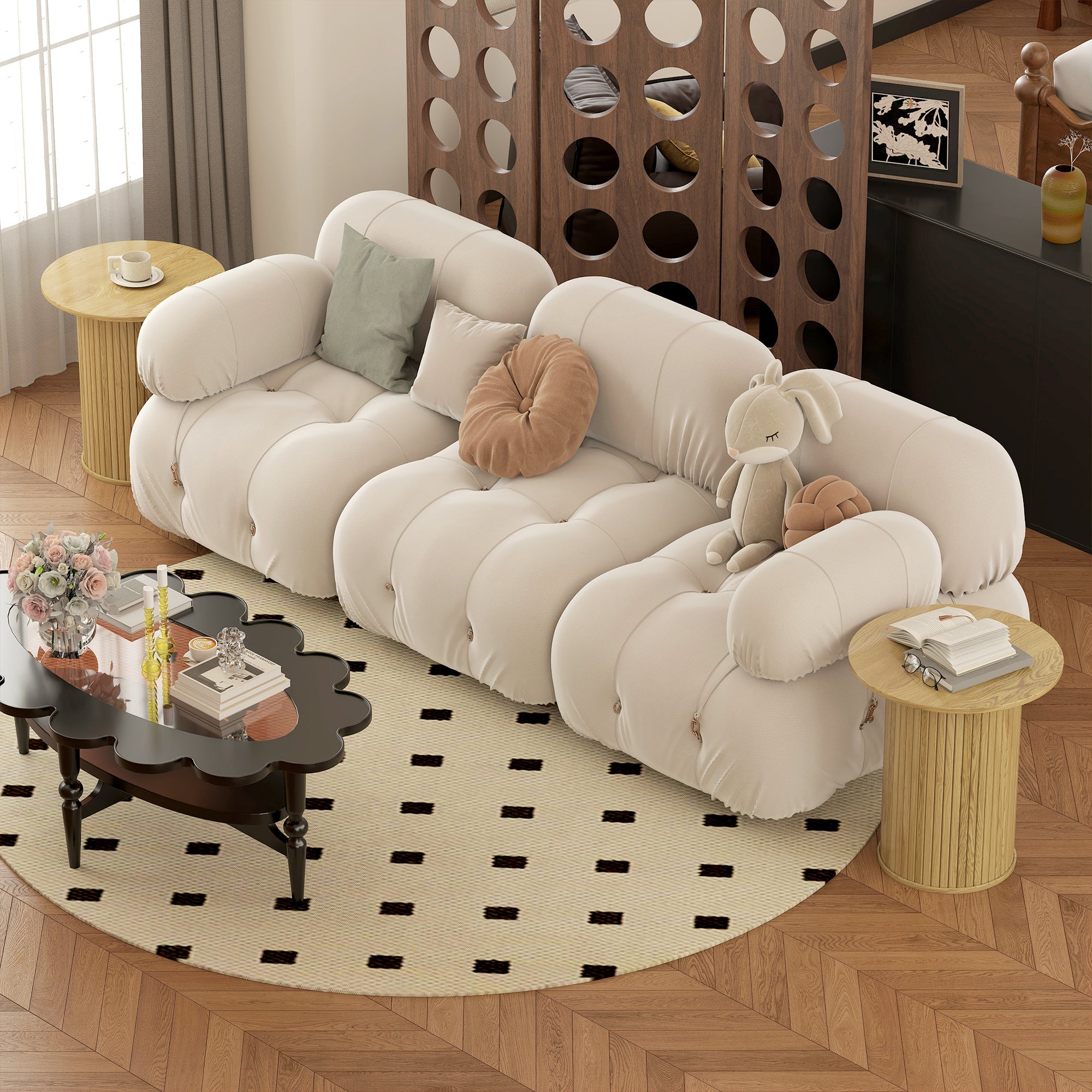 Table d'appoint ronde Ø 48 cm, table basse avec pieds cannelés, pour salon, chambre ou petit espace, chêne