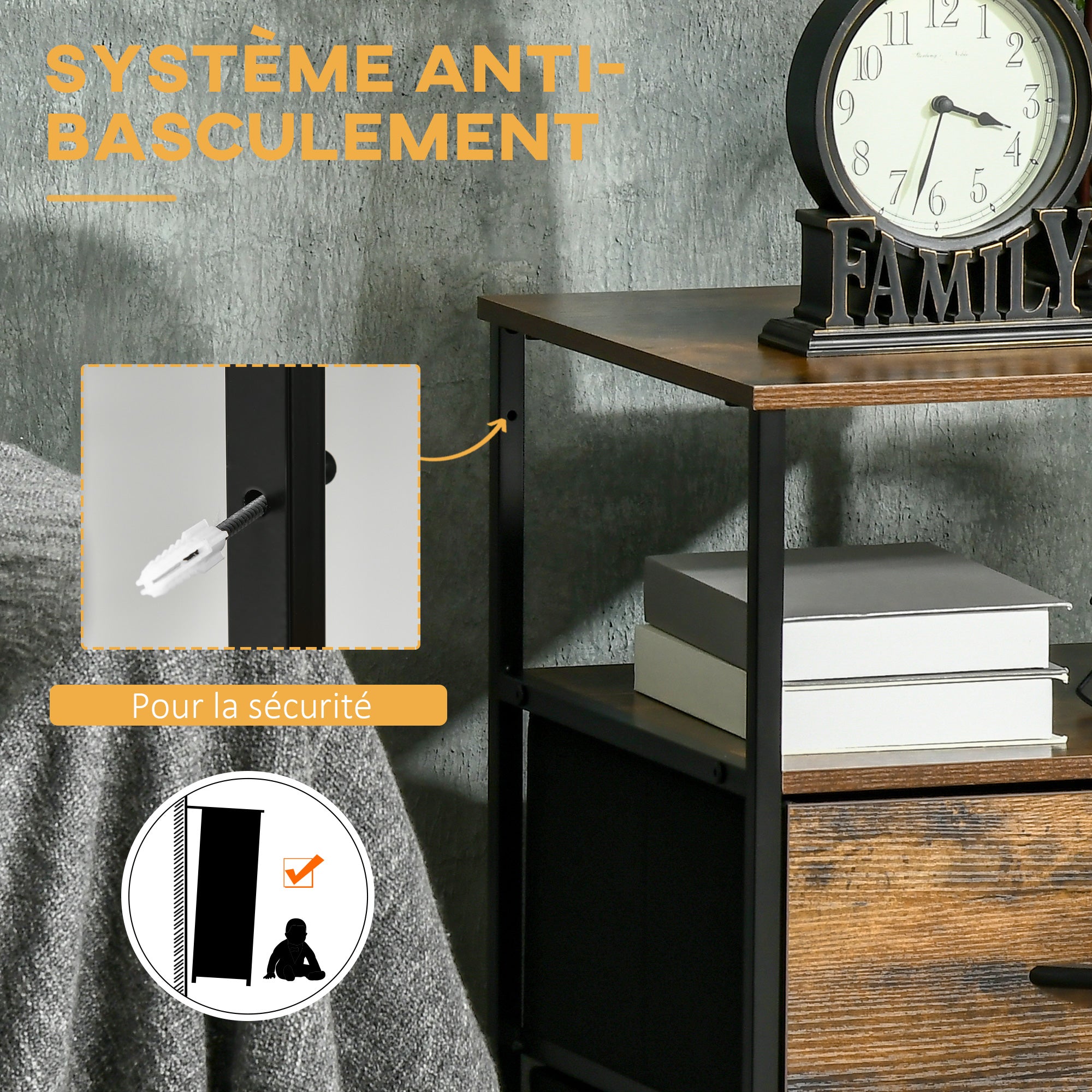 Table de Chevet avec 2 Tiroirs Tissus Table d'appoint petit Meuble de Rangement Style Industriel Commode 2 tiroirs - 45 x 40 x 70,5 cm - Bois et métal