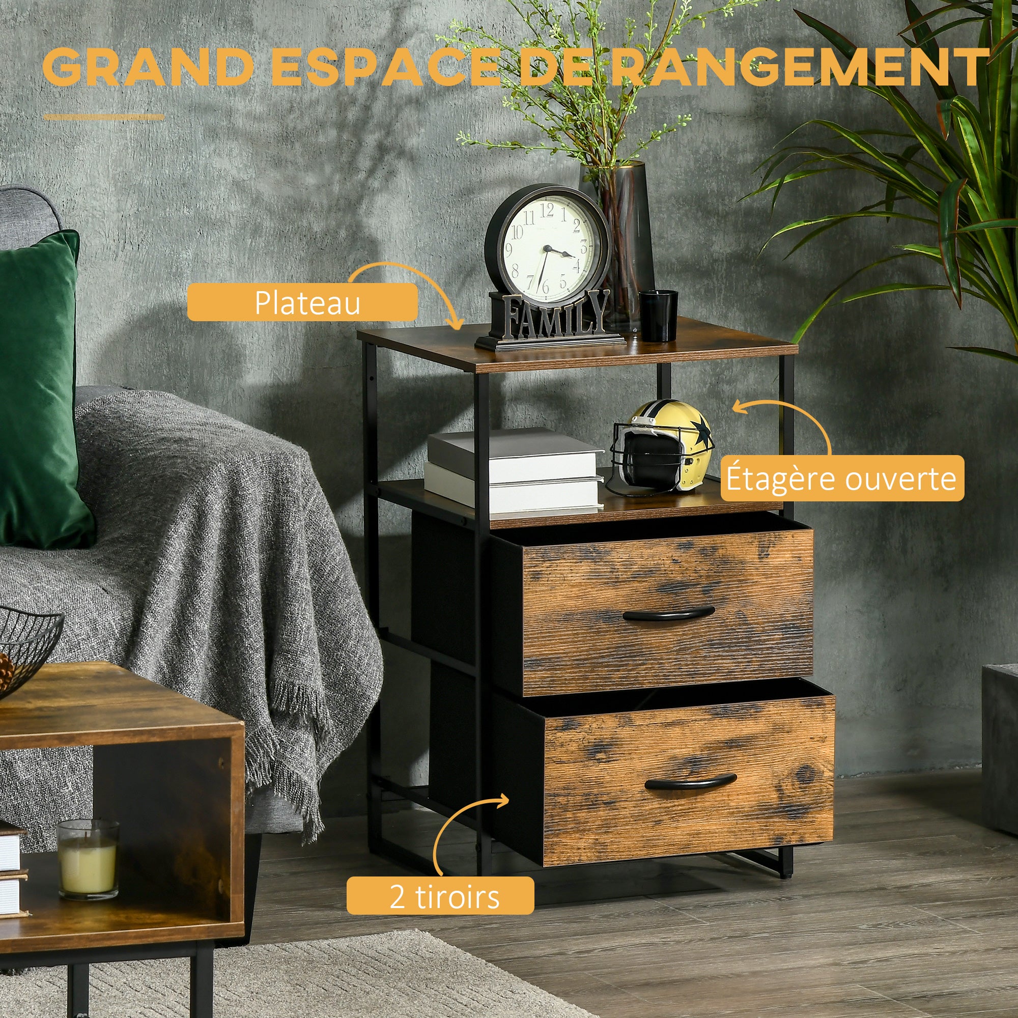 Table de Chevet avec 2 Tiroirs Tissus Table d'appoint petit Meuble de Rangement Style Industriel Commode 2 tiroirs - 45 x 40 x 70,5 cm - Bois et métal