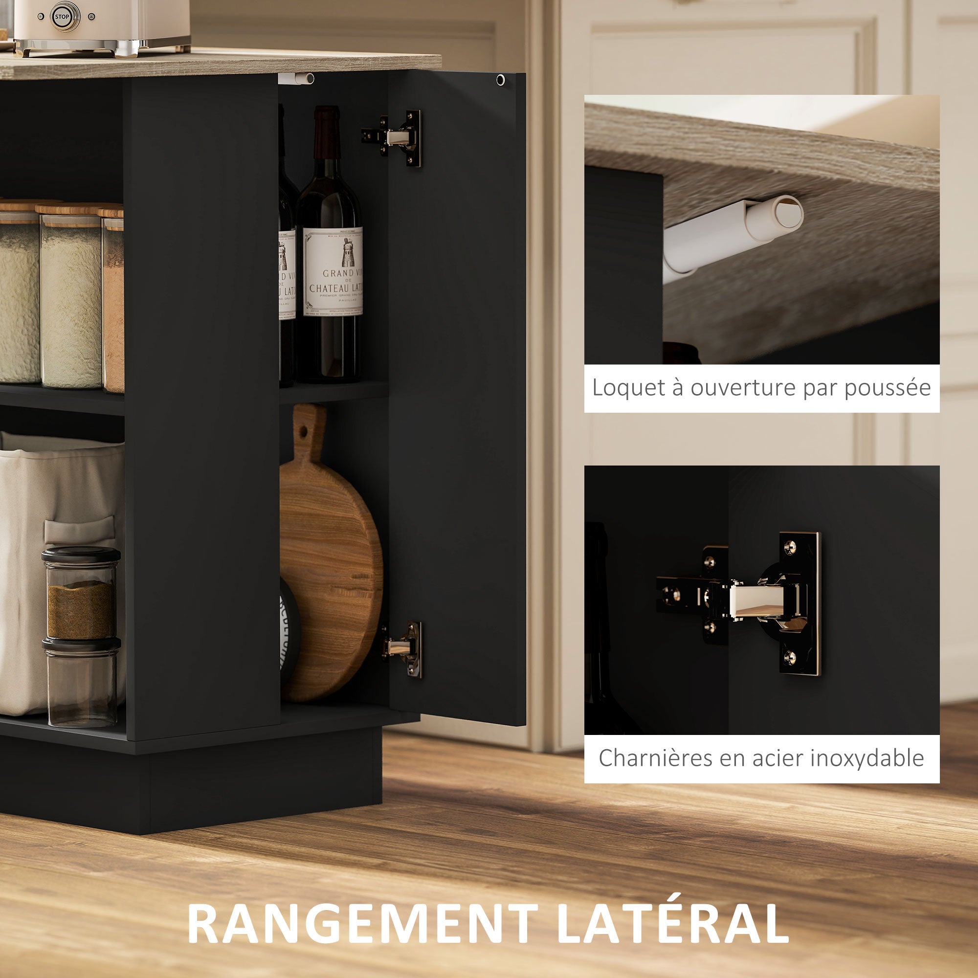 Desserte îlot de cuisine, meuble de cuisine de service, 105 x 60 cm, étagère réglable, 2 compartiments ouverts, 2 placards, plan de travail effet bois, noir