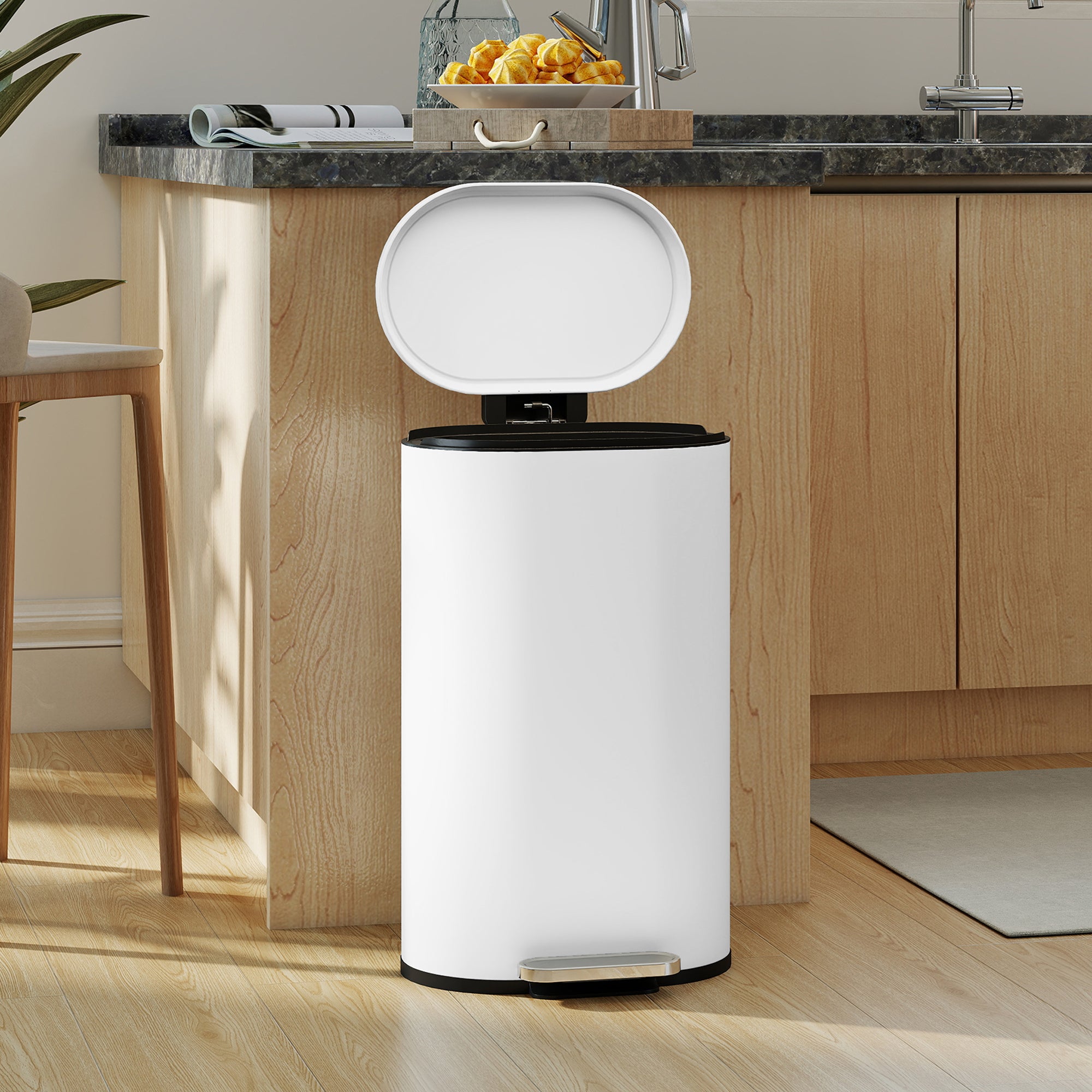 Poubelle cuisine 30L, poubelle à pédale rectangulaire avec seau intérieur amovible, couvercle à fermeture douce 90° et maintien en ouverture, anti-traces, pour bureau et maison, blanc