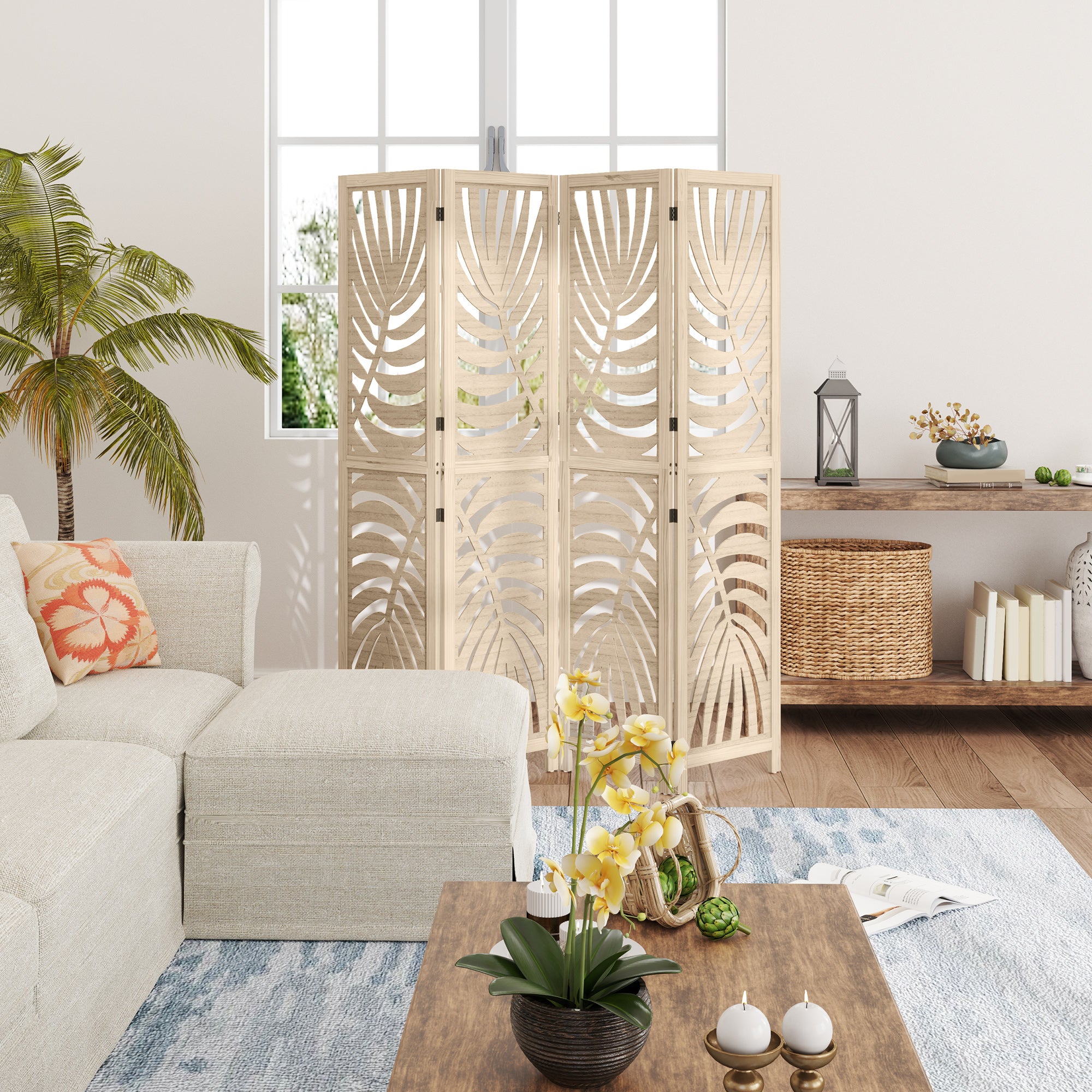 Paravent interieur en bois 4 panneaux 160 x 170 cm séparateur de pièce pliable et portable, motif de feuille, cloison de séparation amovible pour salon chambre à coucher maison, bois naturel