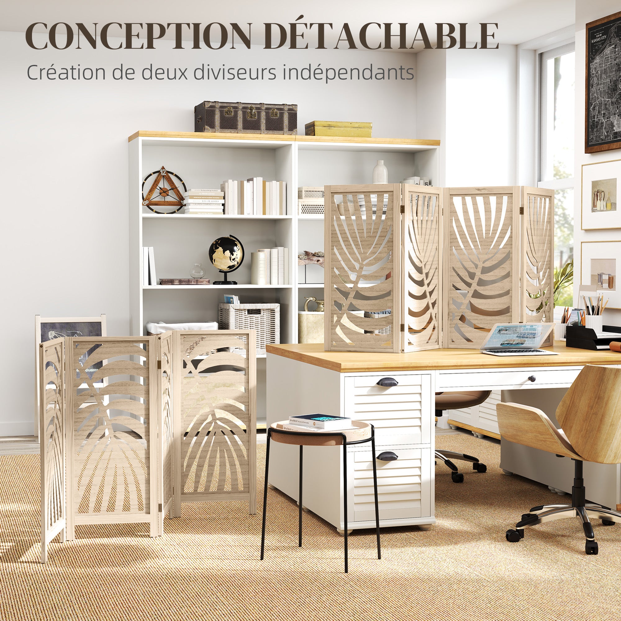 Paravent interieur en bois 4 panneaux 160 x 170 cm séparateur de pièce pliable et portable, motif de feuille, cloison de séparation amovible pour salon chambre à coucher maison, bois naturel