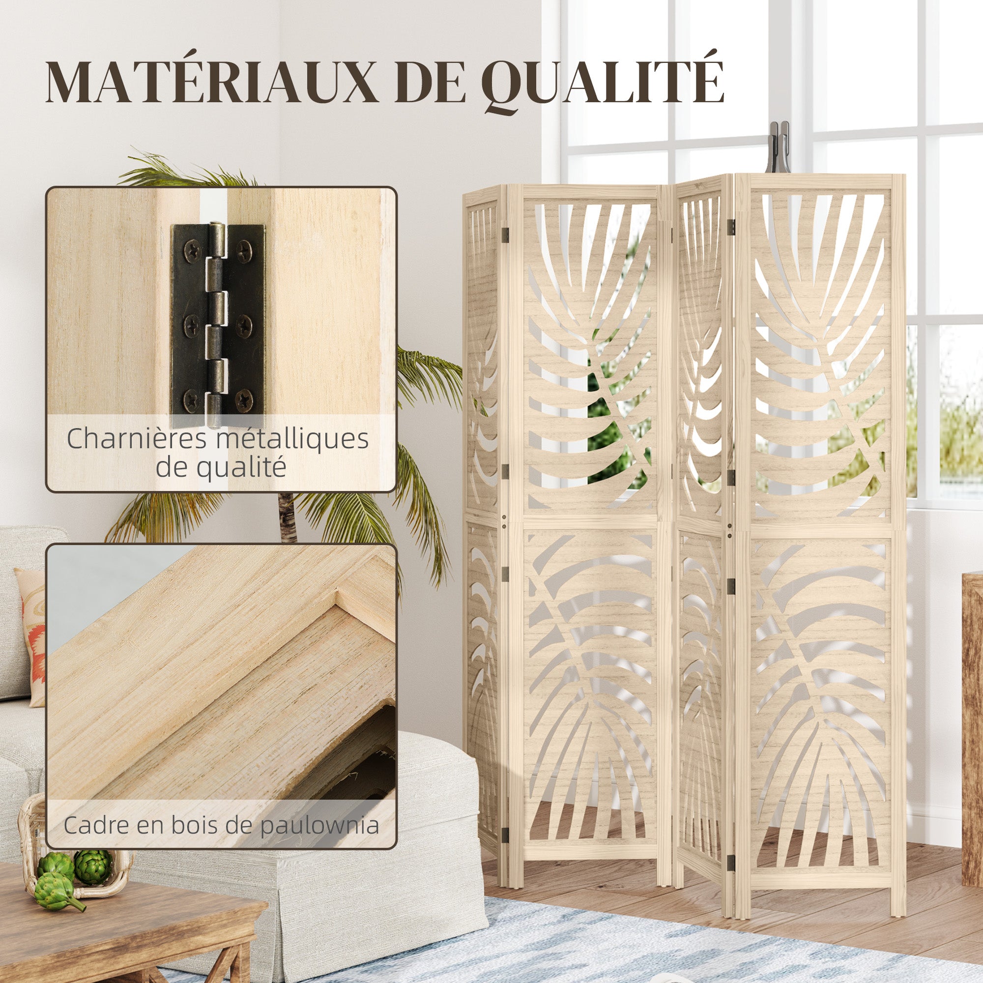 Paravent interieur en bois 4 panneaux 160 x 170 cm séparateur de pièce pliable et portable, motif de feuille, cloison de séparation amovible pour salon chambre à coucher maison, bois naturel