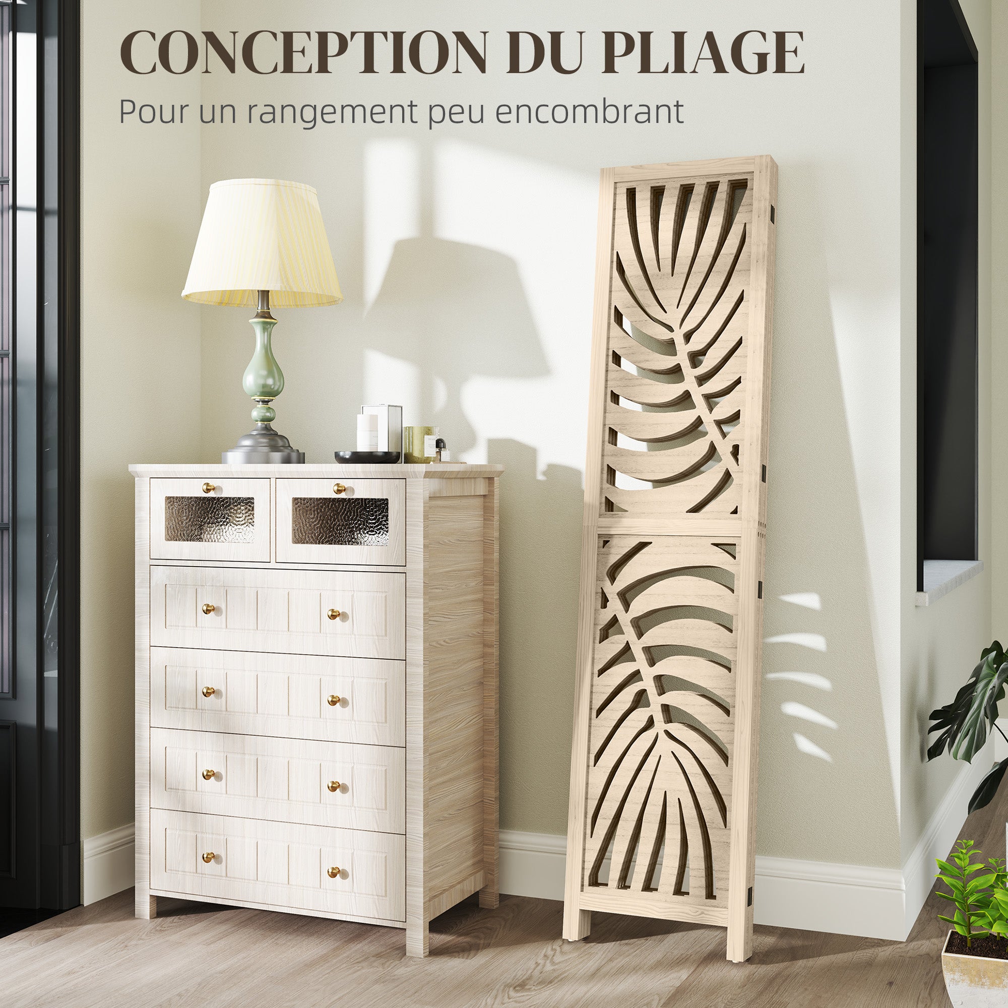 Paravent interieur en bois 4 panneaux 160 x 170 cm séparateur de pièce pliable et portable, motif de feuille, cloison de séparation amovible pour salon chambre à coucher maison, bois naturel