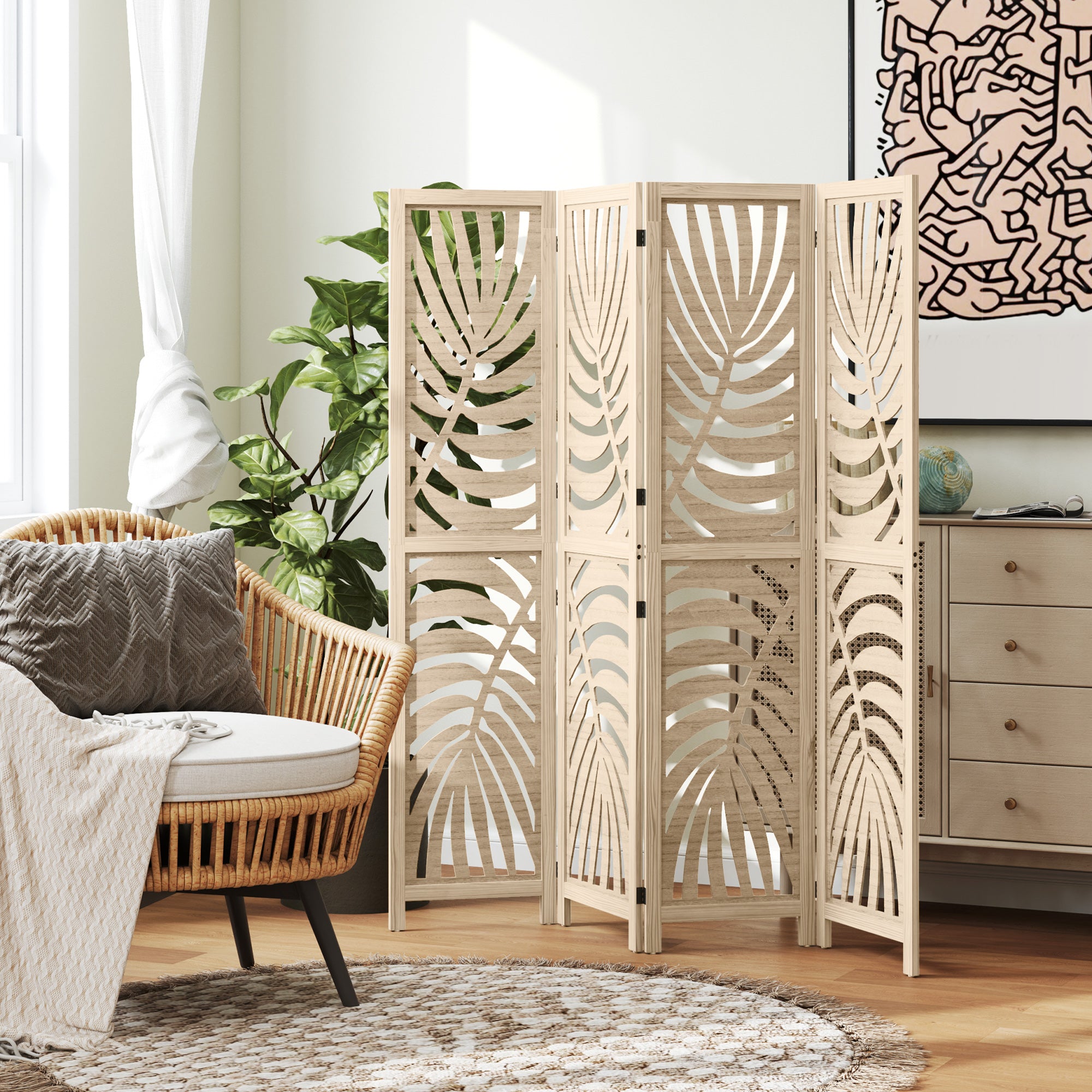 Paravent interieur en bois 4 panneaux 160 x 170 cm séparateur de pièce pliable et portable, motif de feuille, cloison de séparation amovible pour salon chambre à coucher maison, bois naturel