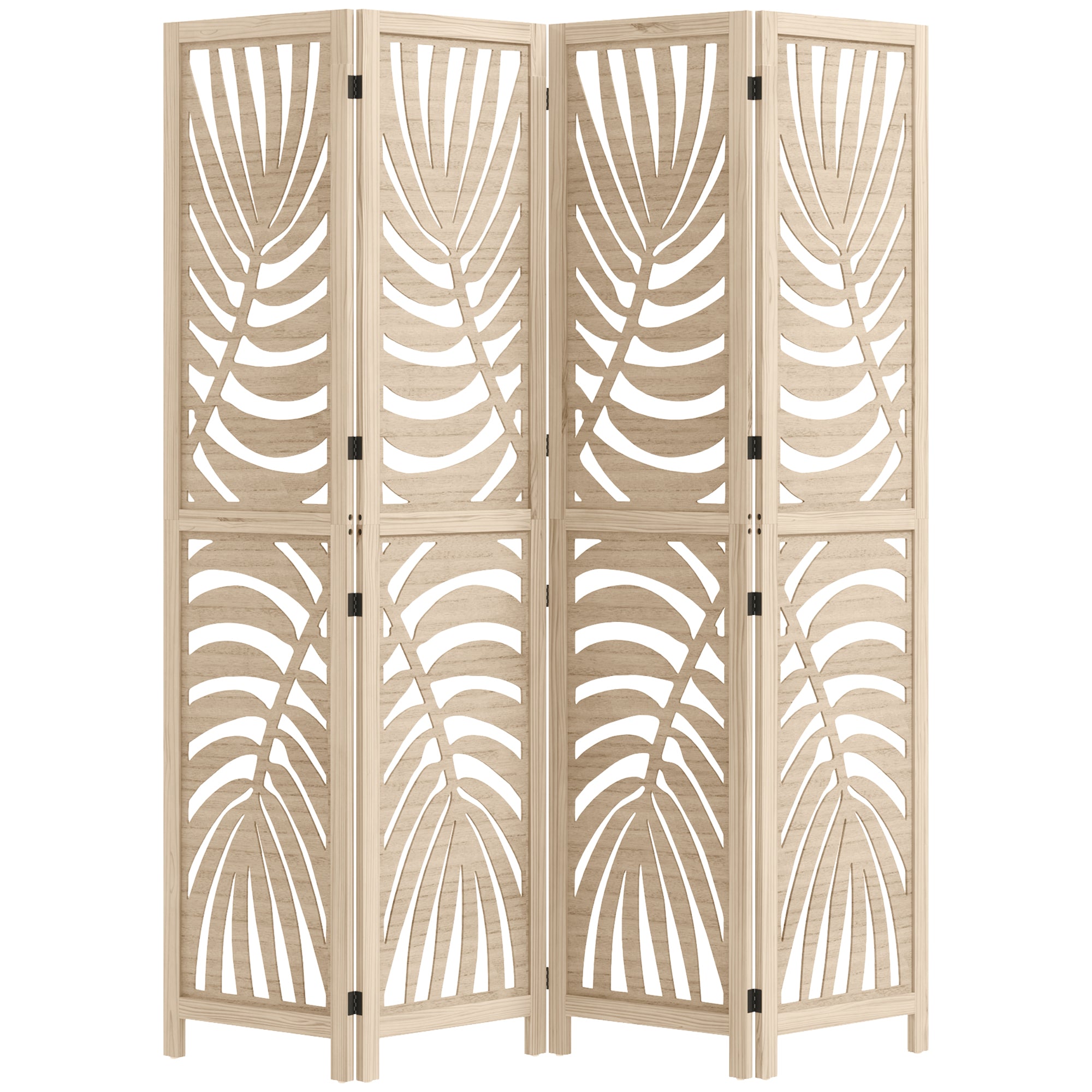 Paravent interieur en bois 4 panneaux 160 x 170 cm séparateur de pièce pliable et portable, motif de feuille, cloison de séparation amovible pour salon chambre à coucher maison, bois naturel