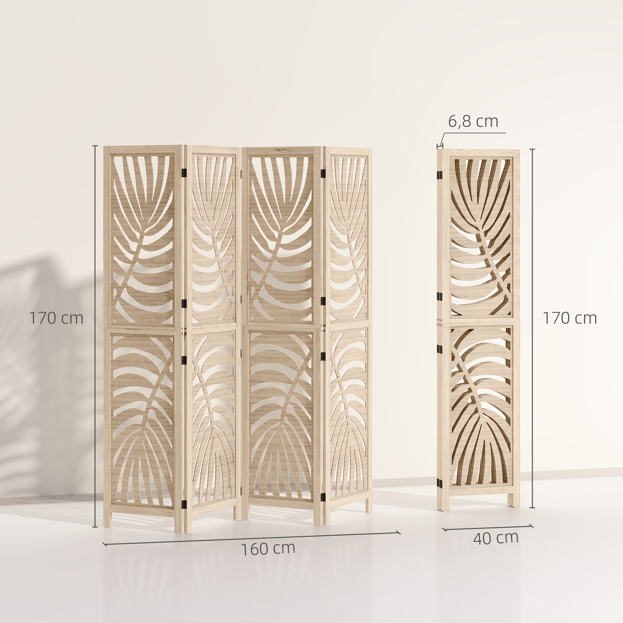 Paravent interieur en bois 4 panneaux 160 x 170 cm séparateur de pièce pliable et portable, motif de feuille, cloison de séparation amovible pour salon chambre à coucher maison, bois naturel