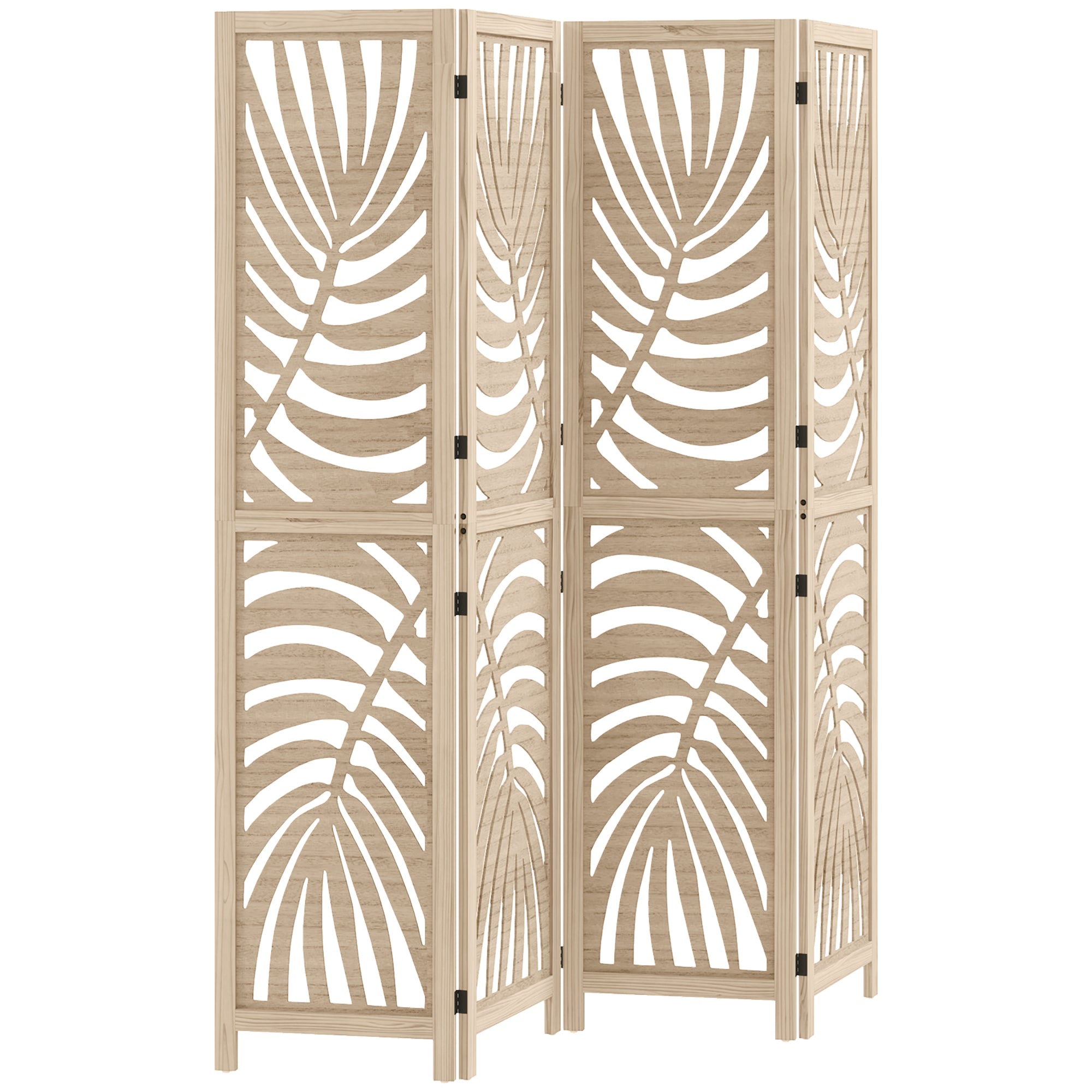 Paravent interieur en bois 4 panneaux 160 x 170 cm séparateur de pièce pliable et portable, motif de feuille, cloison de séparation amovible pour salon chambre à coucher maison, bois naturel