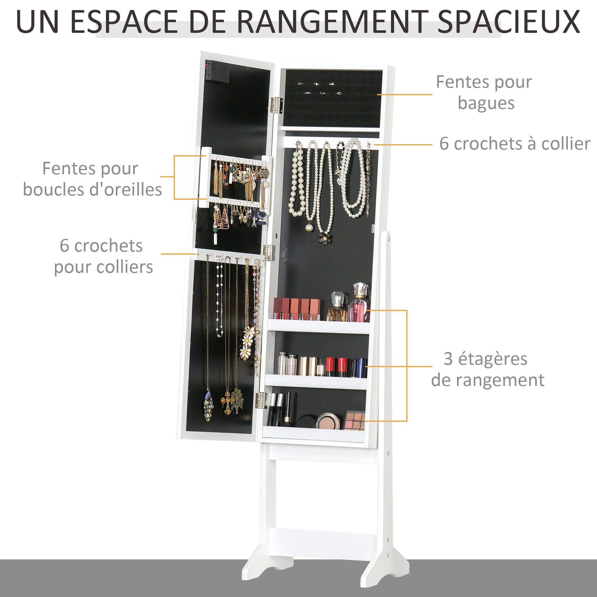 Armoire à bijoux armoire de rangement sur pieds boîte à bijoux avec miroir multi-rangements éclairage LED blanc