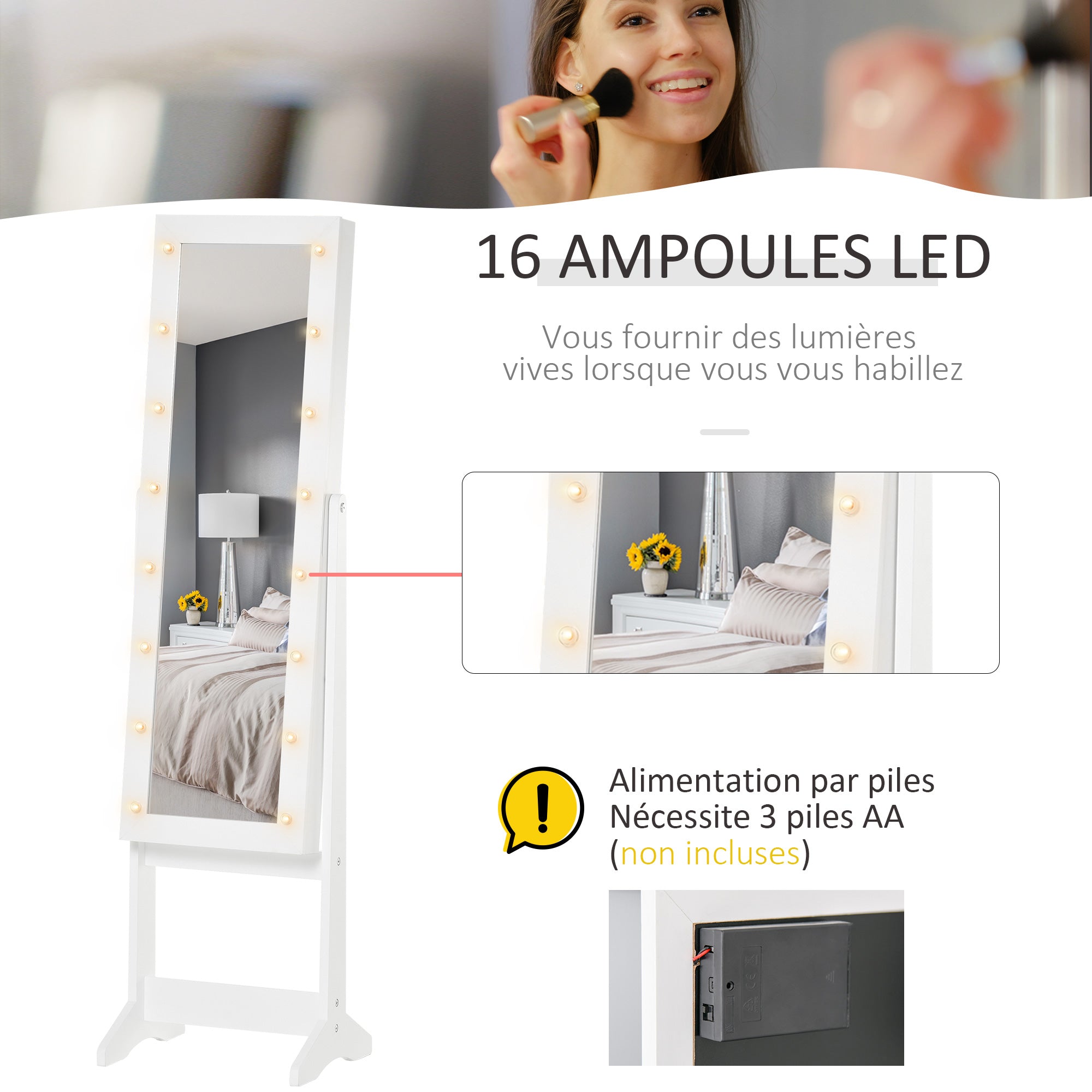 Armoire à bijoux armoire de rangement sur pieds boîte à bijoux avec miroir multi-rangements éclairage LED blanc