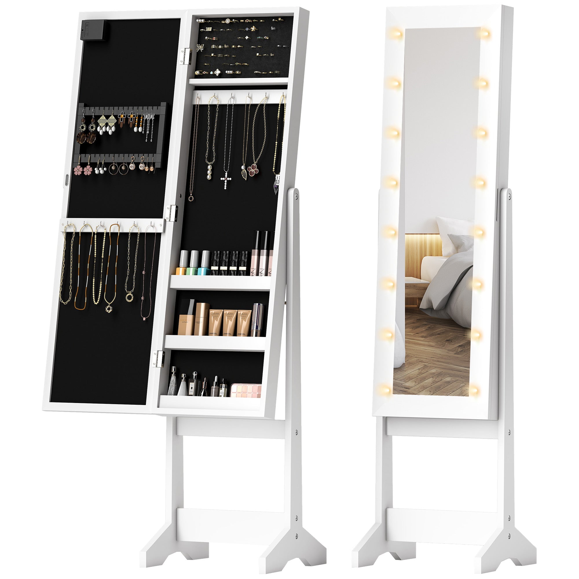 Armoire à bijoux armoire de rangement sur pieds boîte à bijoux avec miroir multi-rangements éclairage LED blanc