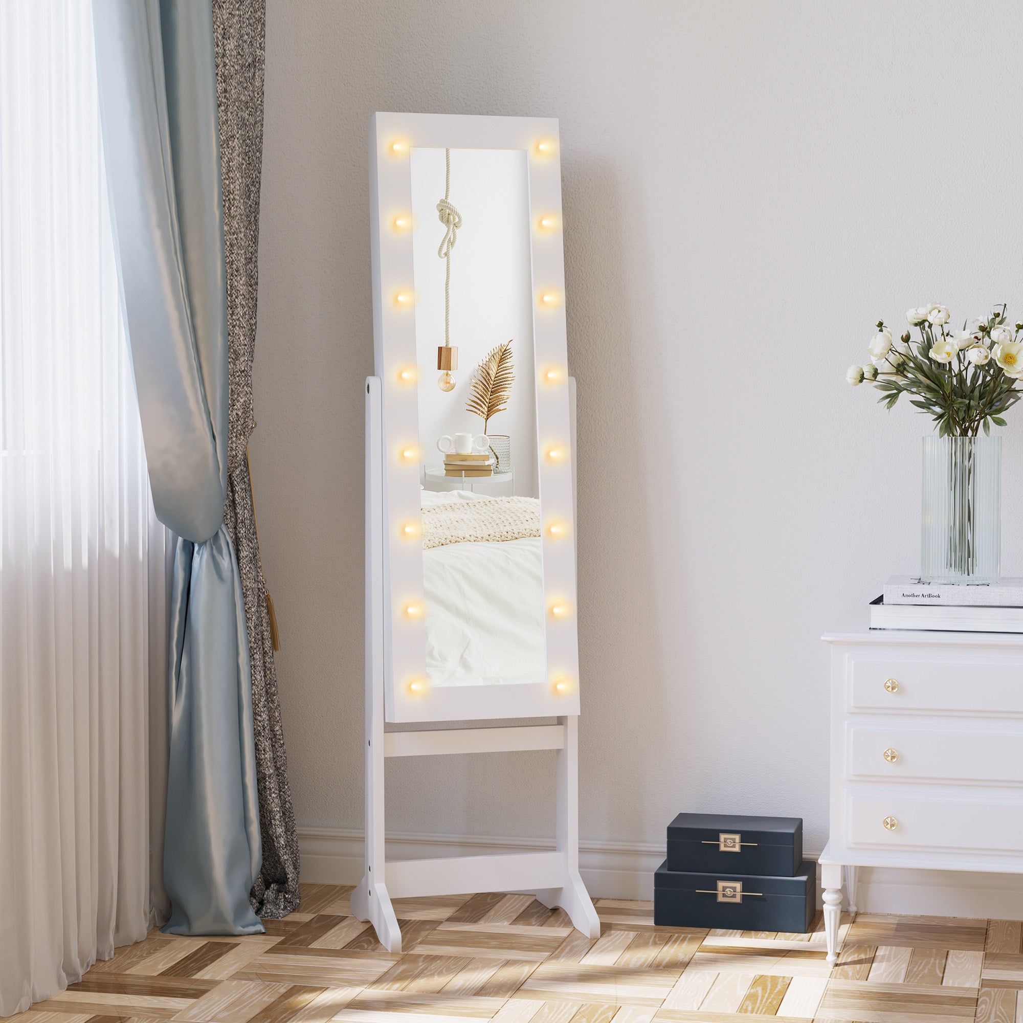 Armoire à bijoux armoire de rangement sur pieds boîte à bijoux avec miroir multi-rangements éclairage LED blanc