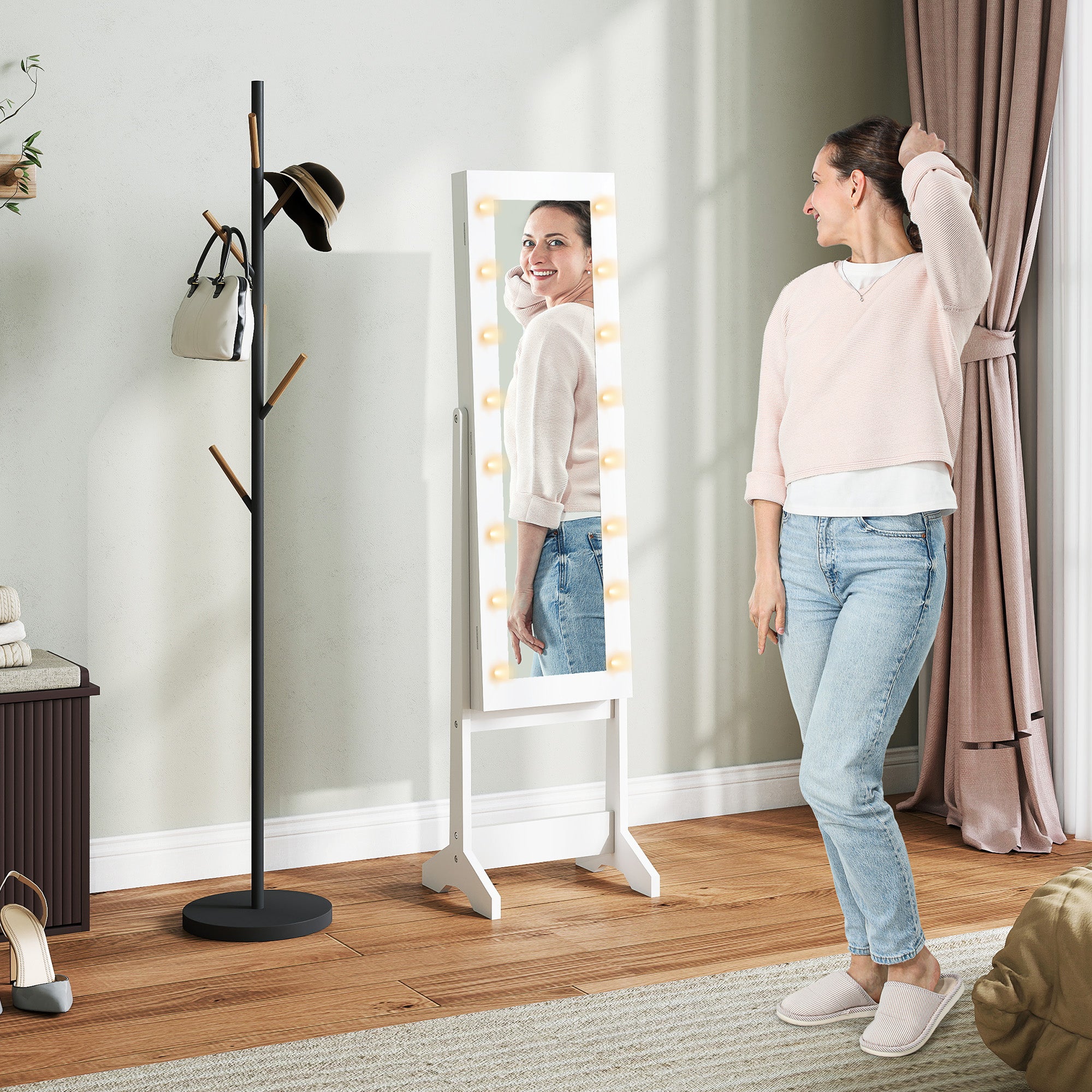 Armoire à bijoux armoire de rangement sur pieds boîte à bijoux avec miroir multi-rangements éclairage LED blanc