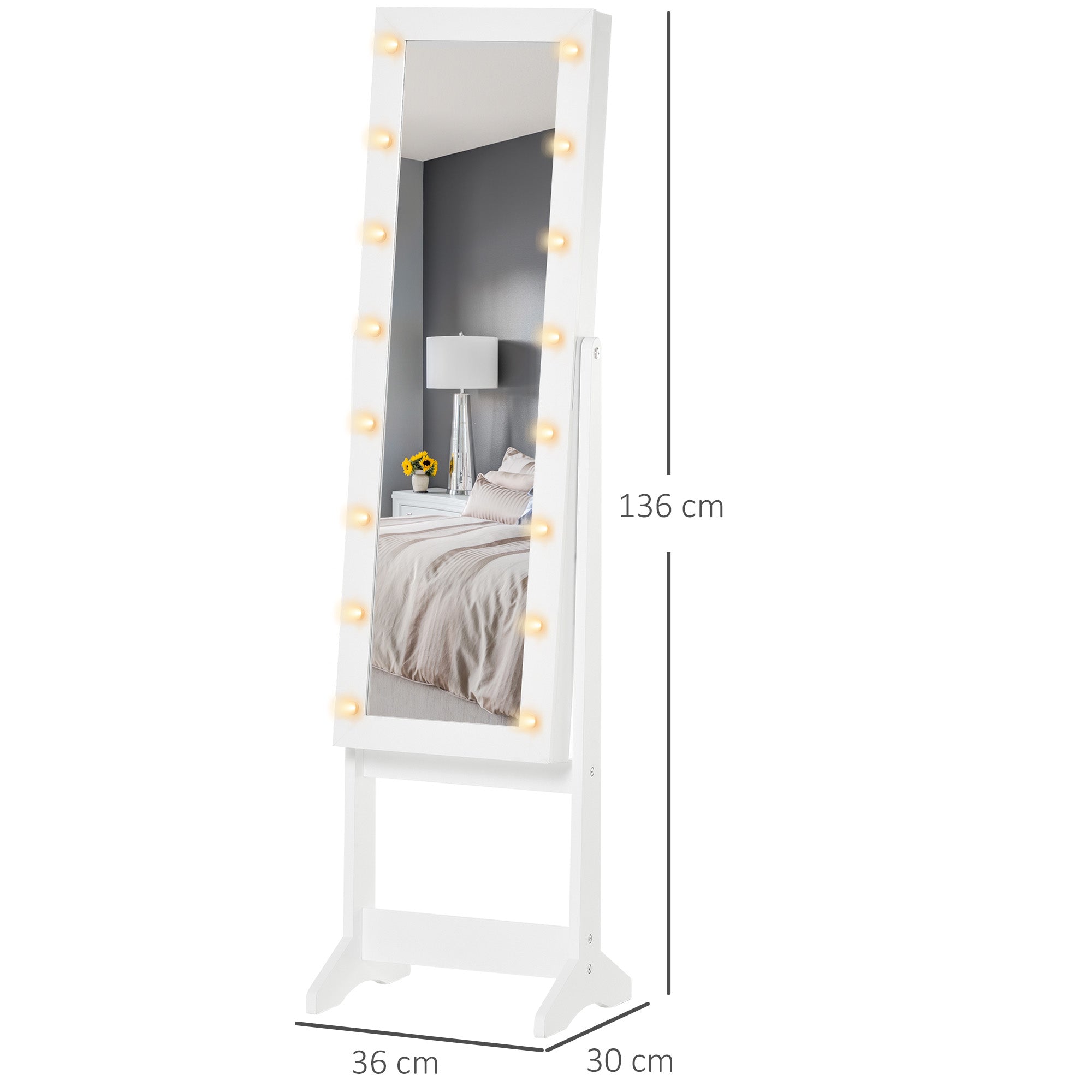 Armoire à bijoux armoire de rangement sur pieds boîte à bijoux avec miroir multi-rangements éclairage LED blanc