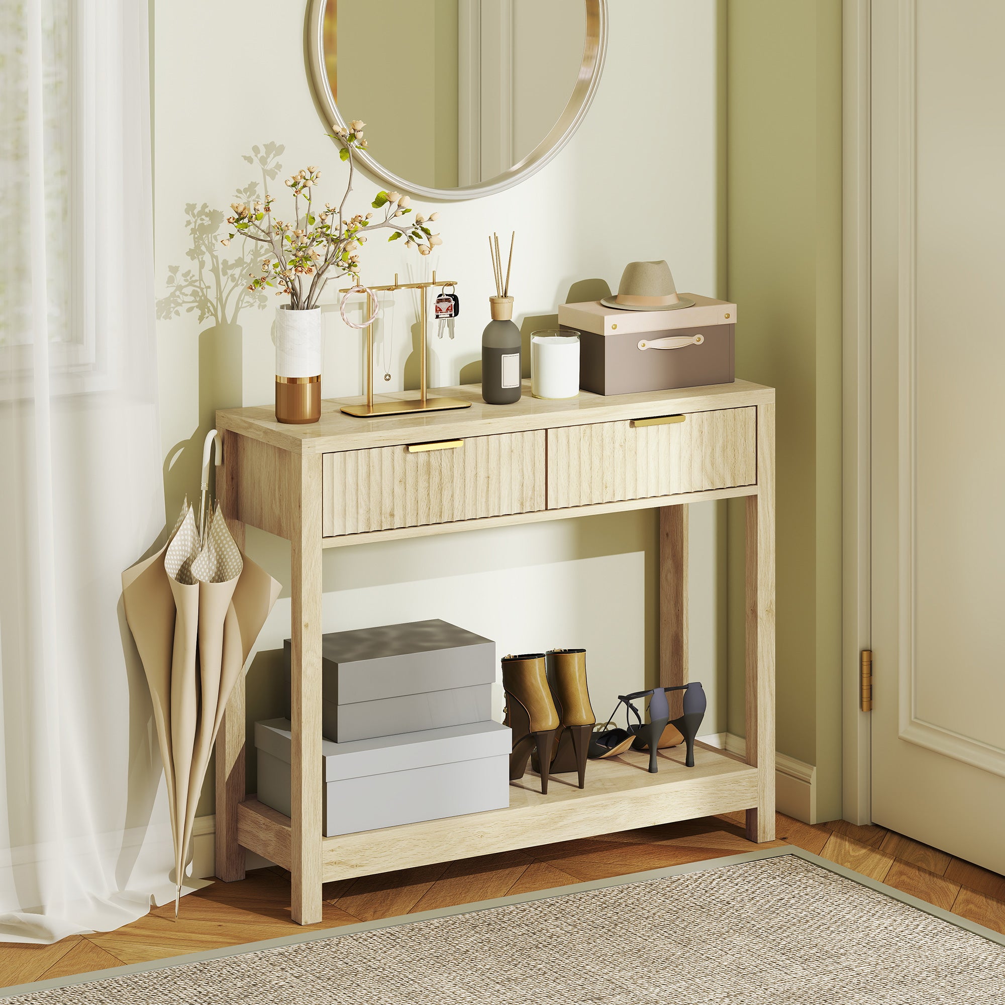 Console meuble 90 cm, table console étroite avec 2 tiroirs rainurés et étagère, style moderne, table d'entrée, couloir, salon, petits espaces, bois naturel