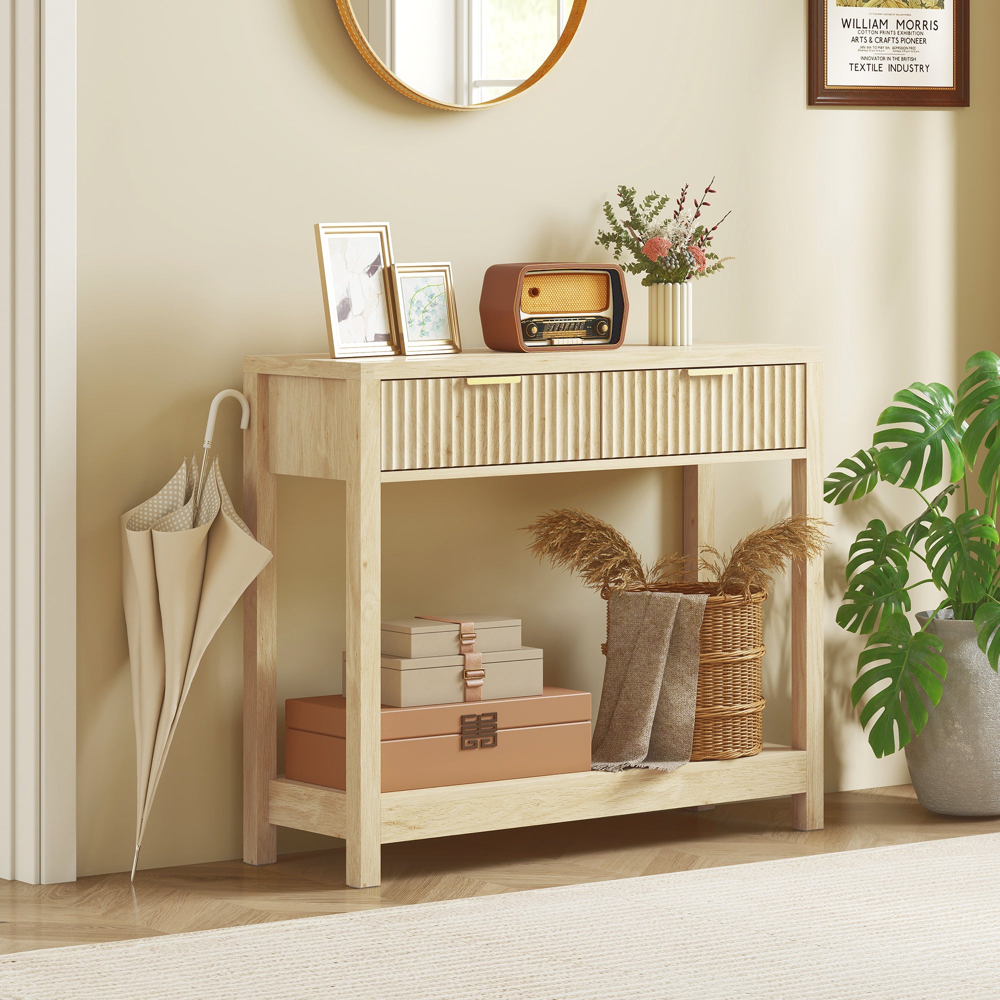 Console meuble 90 cm, table console étroite avec 2 tiroirs rainurés et étagère, style moderne, table d'entrée, couloir, salon, petits espaces, bois naturel