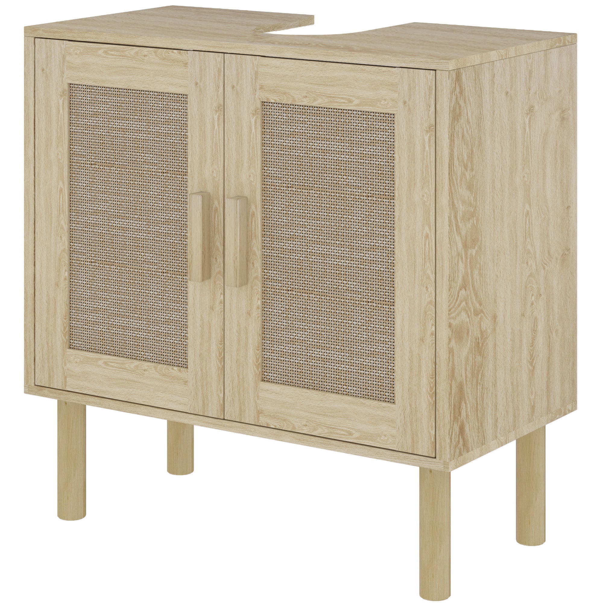 Meuble salle de bain sous lavabo, meuble sous lavabo, portes en rotin, style bohème, pieds en bois de pin, 2 niveaux, 60 x 30 x 60 cm, chêne