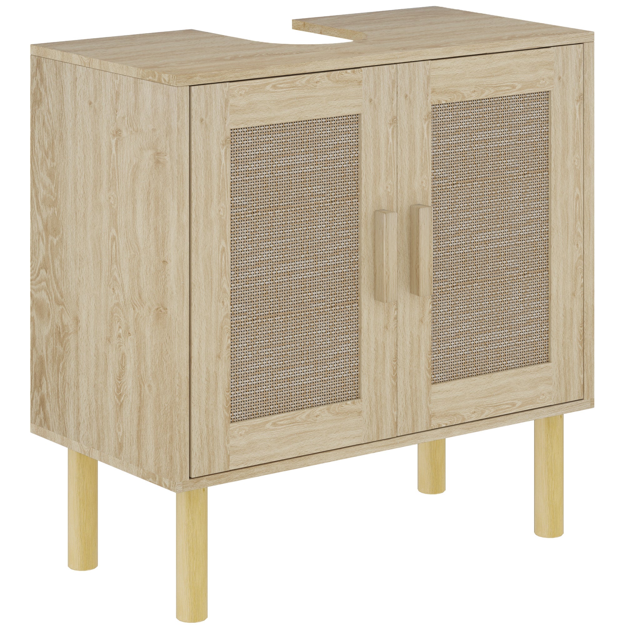 Meuble salle de bain sous lavabo, meuble sous lavabo, portes en rotin, style bohème, pieds en bois de pin, 2 niveaux, 60 x 30 x 60 cm, chêne