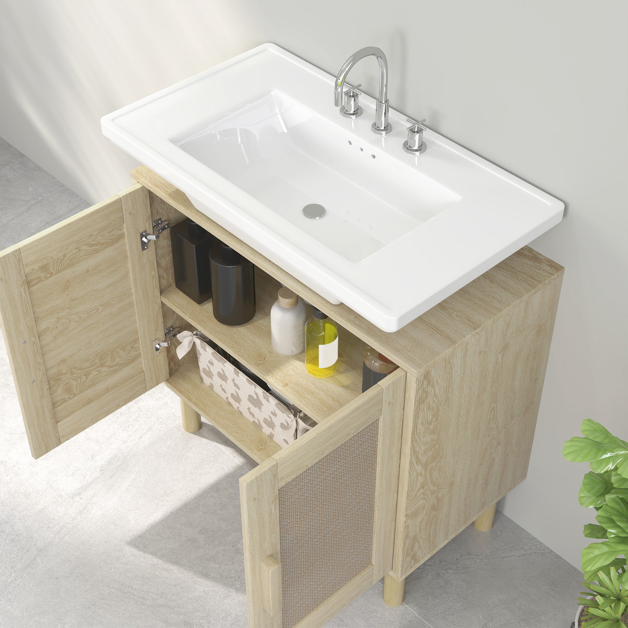 Meuble salle de bain sous lavabo, meuble sous lavabo, portes en rotin, style bohème, pieds en bois de pin, 2 niveaux, 60 x 30 x 60 cm, chêne