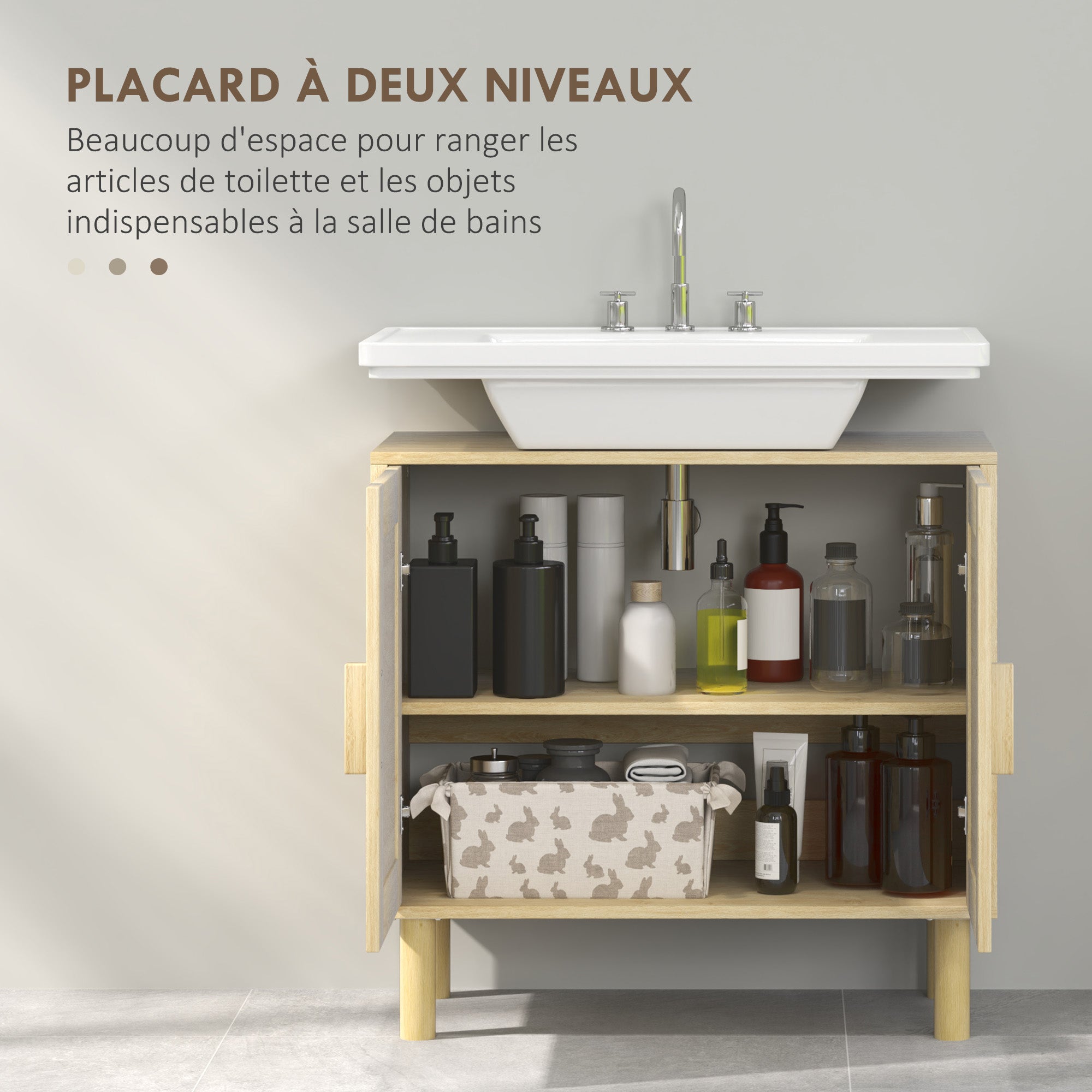 Meuble salle de bain sous lavabo, meuble sous lavabo, portes en rotin, style bohème, pieds en bois de pin, 2 niveaux, 60 x 30 x 60 cm, chêne