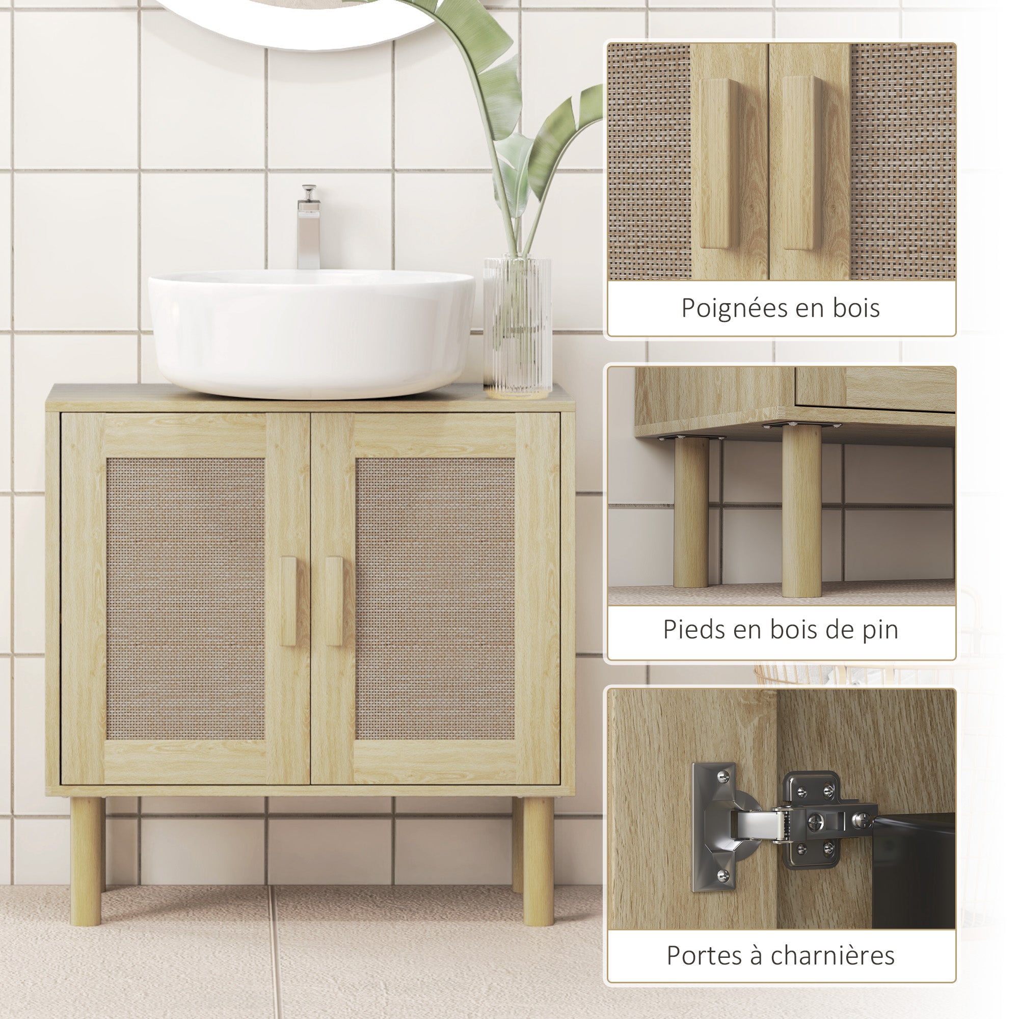 Meuble salle de bain sous lavabo, meuble sous lavabo, portes en rotin, style bohème, pieds en bois de pin, 2 niveaux, 60 x 30 x 60 cm, chêne