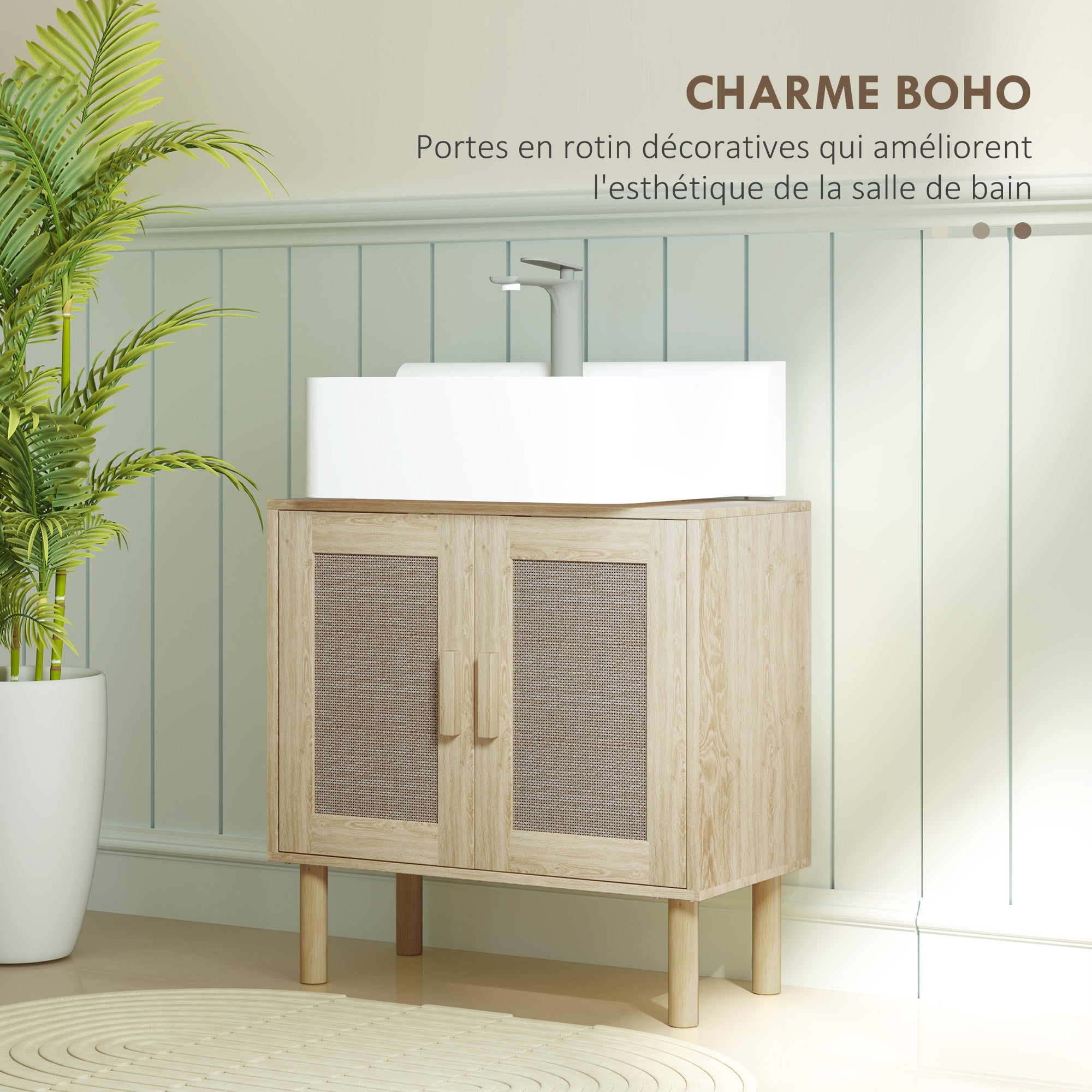 Meuble salle de bain sous lavabo, meuble sous lavabo, portes en rotin, style bohème, pieds en bois de pin, 2 niveaux, 60 x 30 x 60 cm, chêne