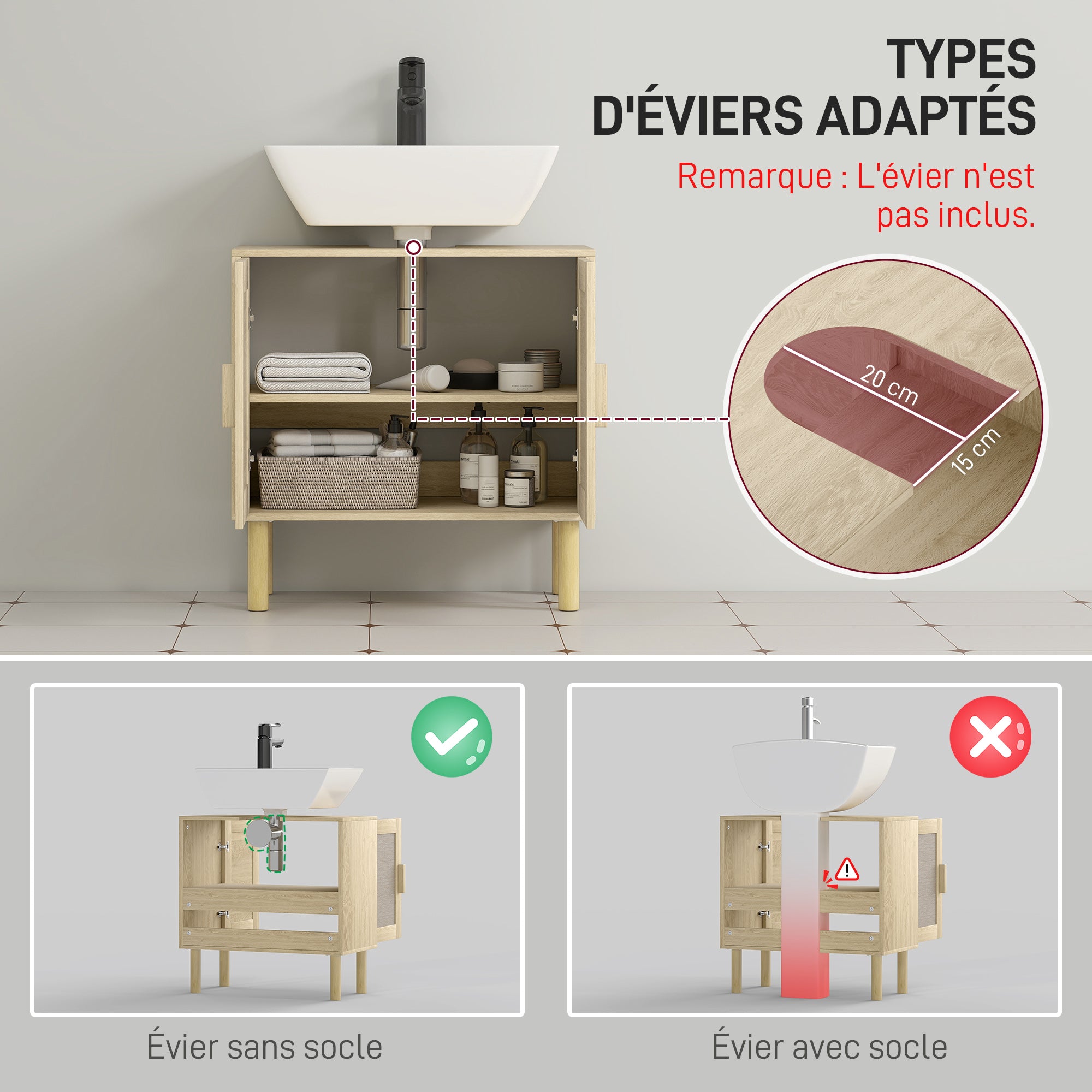 Meuble salle de bain sous lavabo, meuble sous lavabo, portes en rotin, style bohème, pieds en bois de pin, 2 niveaux, 60 x 30 x 60 cm, chêne