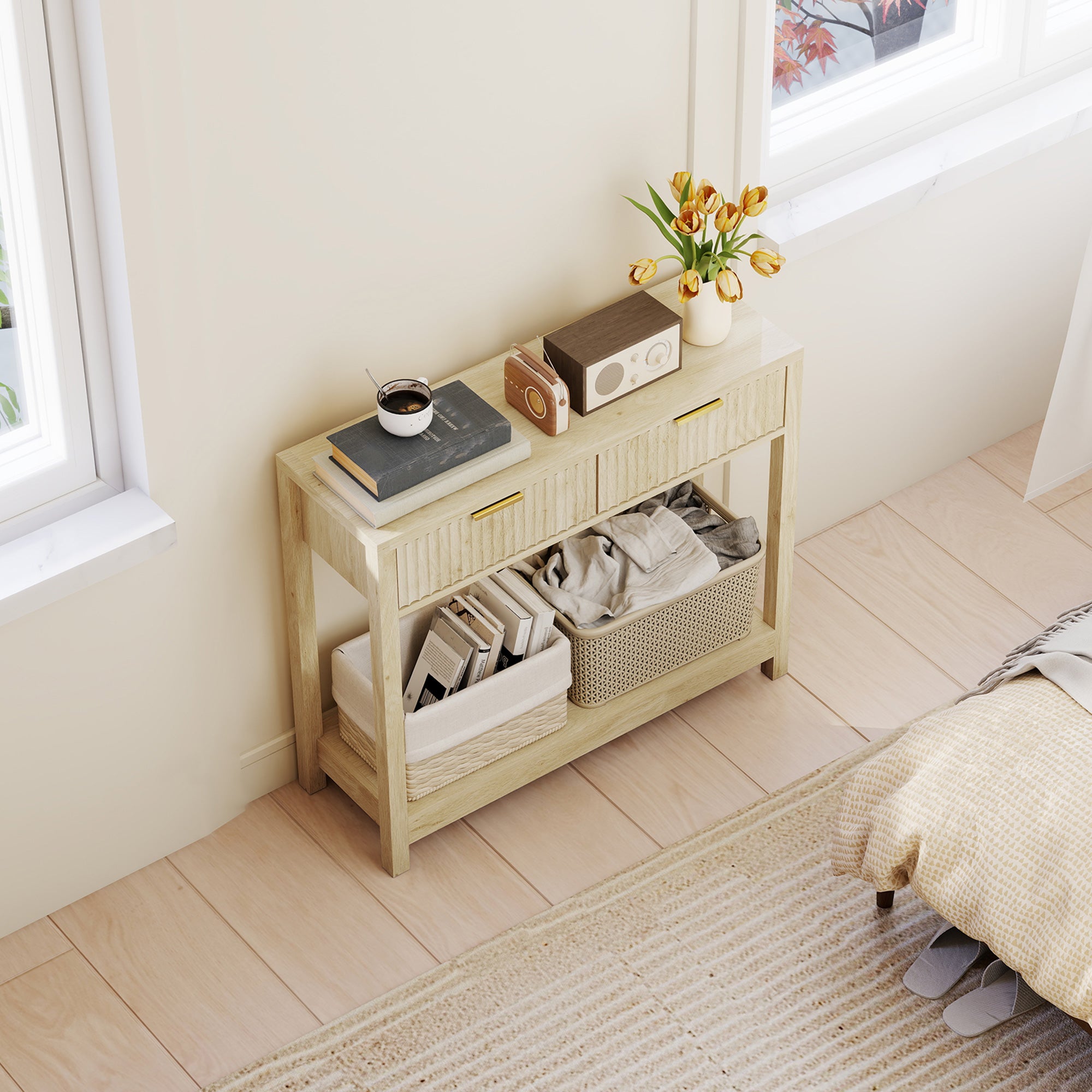 Console meuble 90 cm, table console étroite avec 2 tiroirs rainurés et étagère, style moderne, table d'entrée, couloir, salon, petits espaces, bois naturel