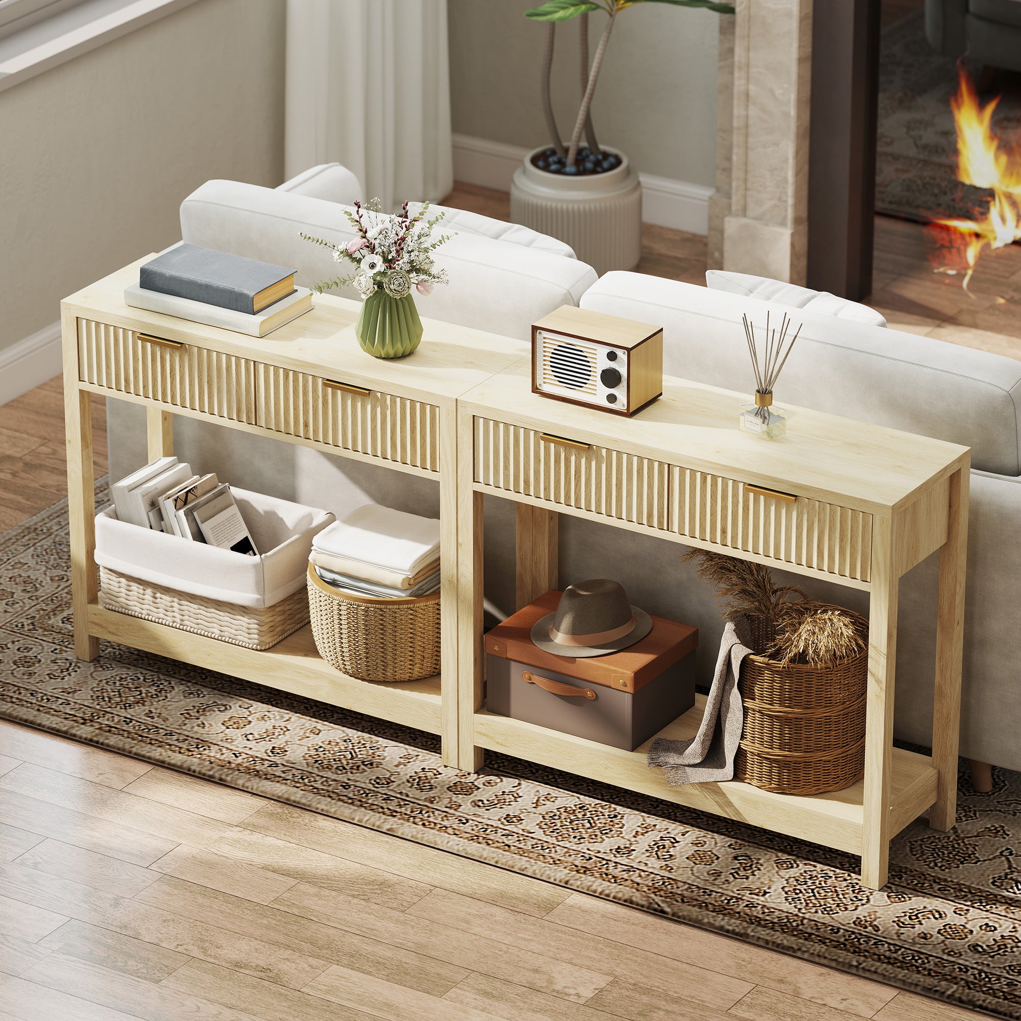 Console meuble 90 cm, table console étroite avec 2 tiroirs rainurés et étagère, style moderne, table d'entrée, couloir, salon, petits espaces, bois naturel