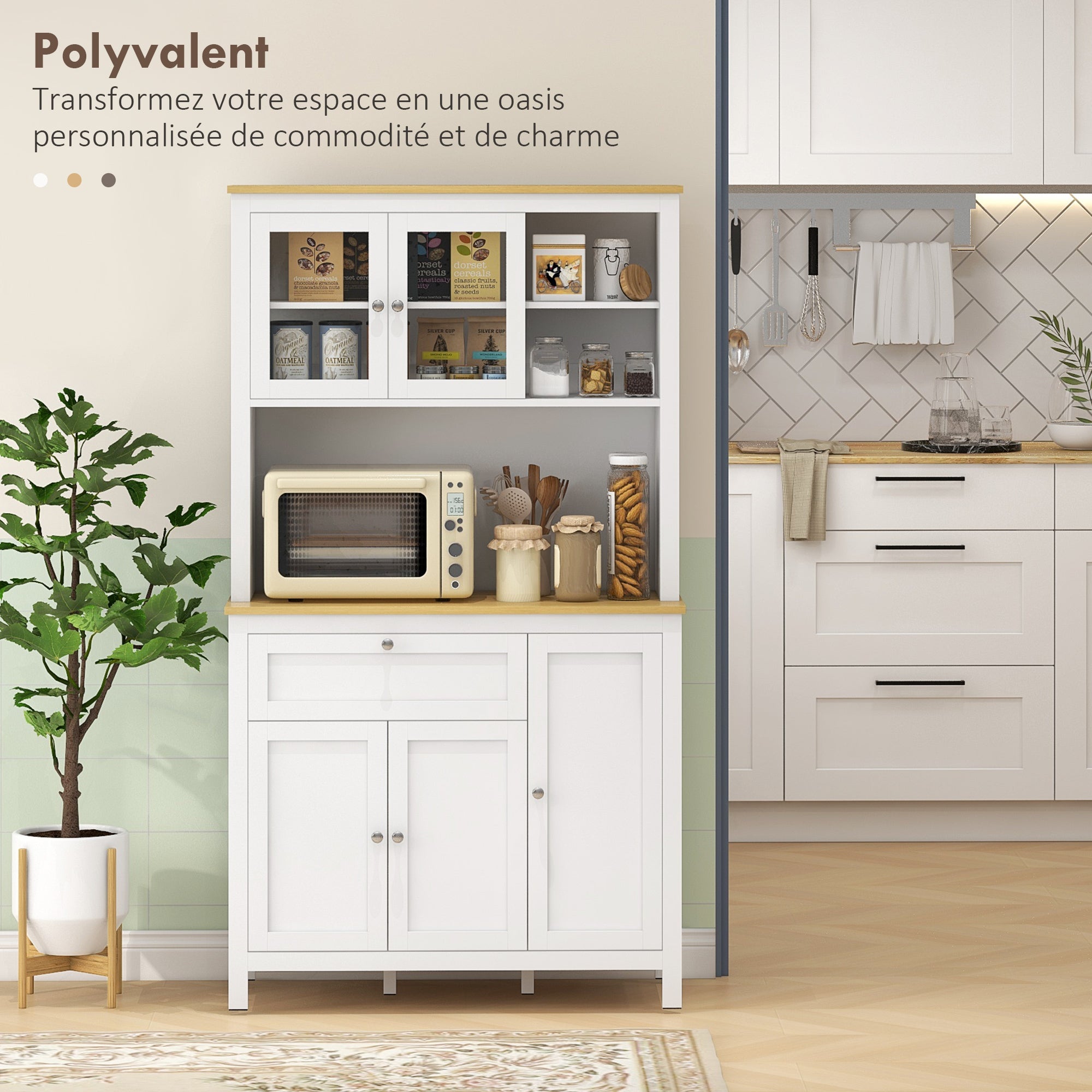 Armoire de cuisine, buffet cuisine avec plan de travail, vaisselier large avec 3 placards, tiroir, niches, passe-câble, étagères réglables et portes vitrées, style moderne, 100x40x180 cm, blanc